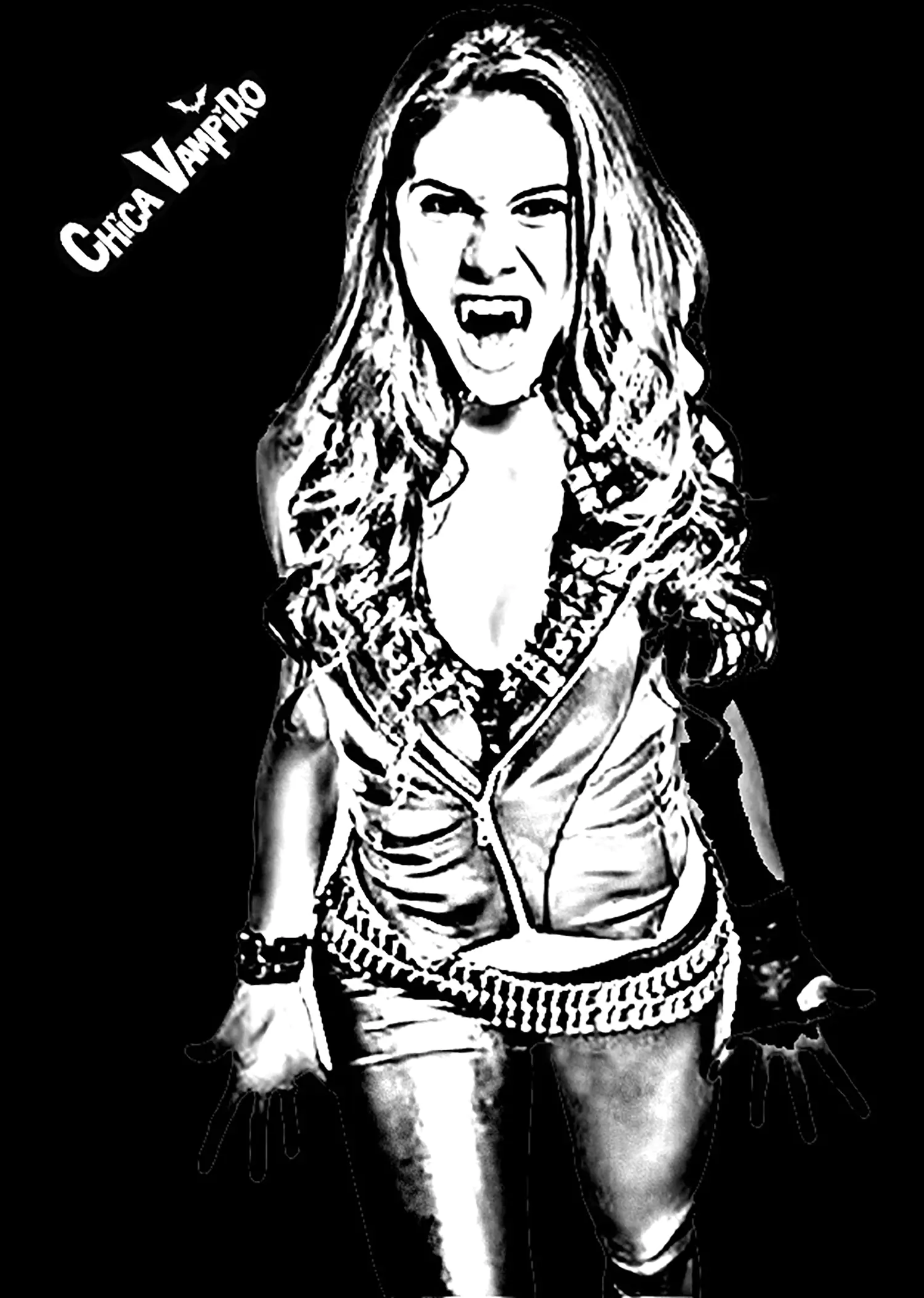 Daisy montre les crocs, avec fond noir (Coloriage de Chica Vampiro à imprimer pour enfants)