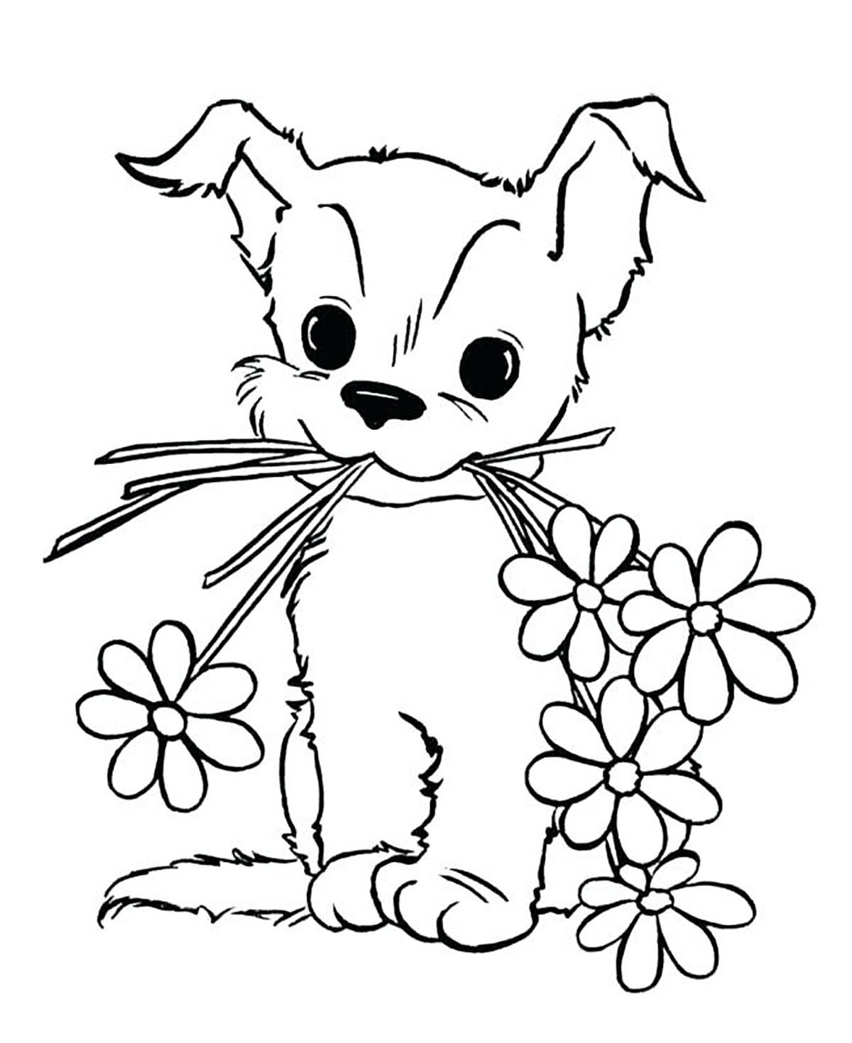 Chien et fleurs - Coloriages de Chiens à imprimer, image size:1200x1470