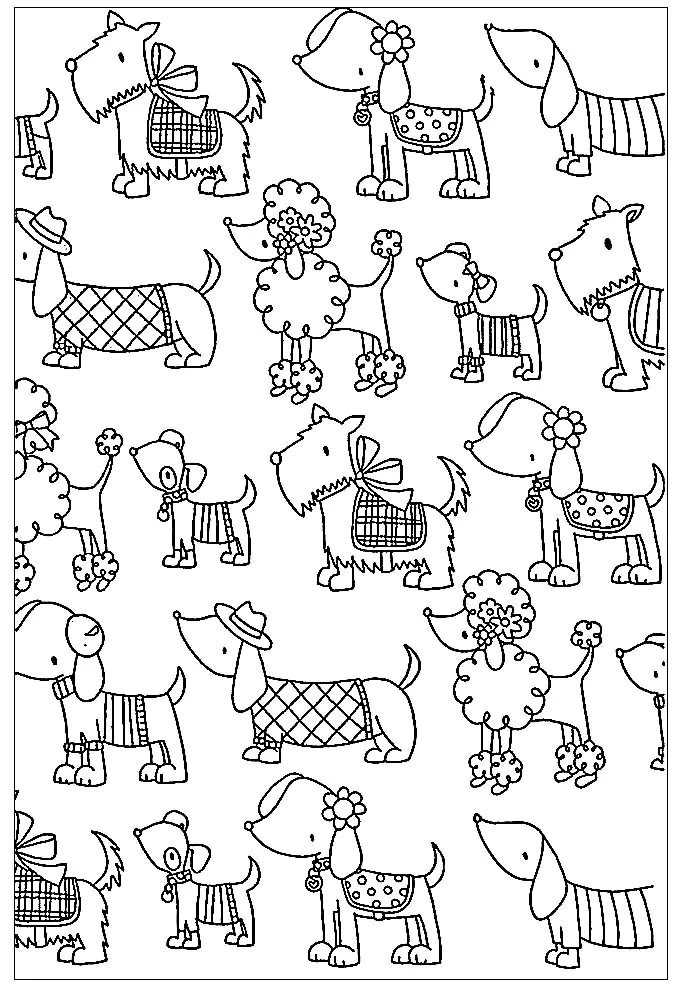 Plusieurs toutous (Coloriage de Chiens à imprimer pour enfants)