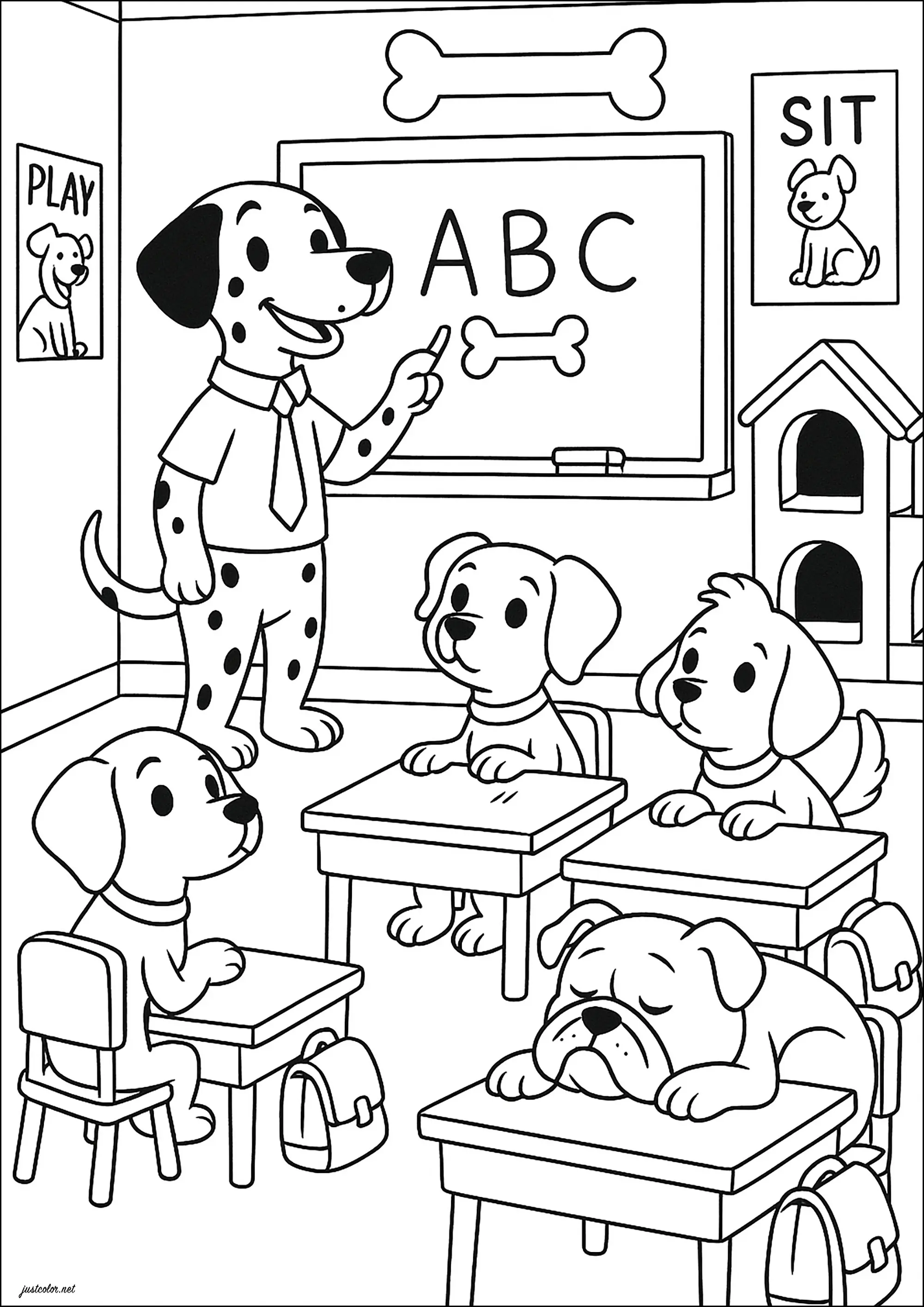 L'école des chiens (Coloriage à imprimer pour enfants)
