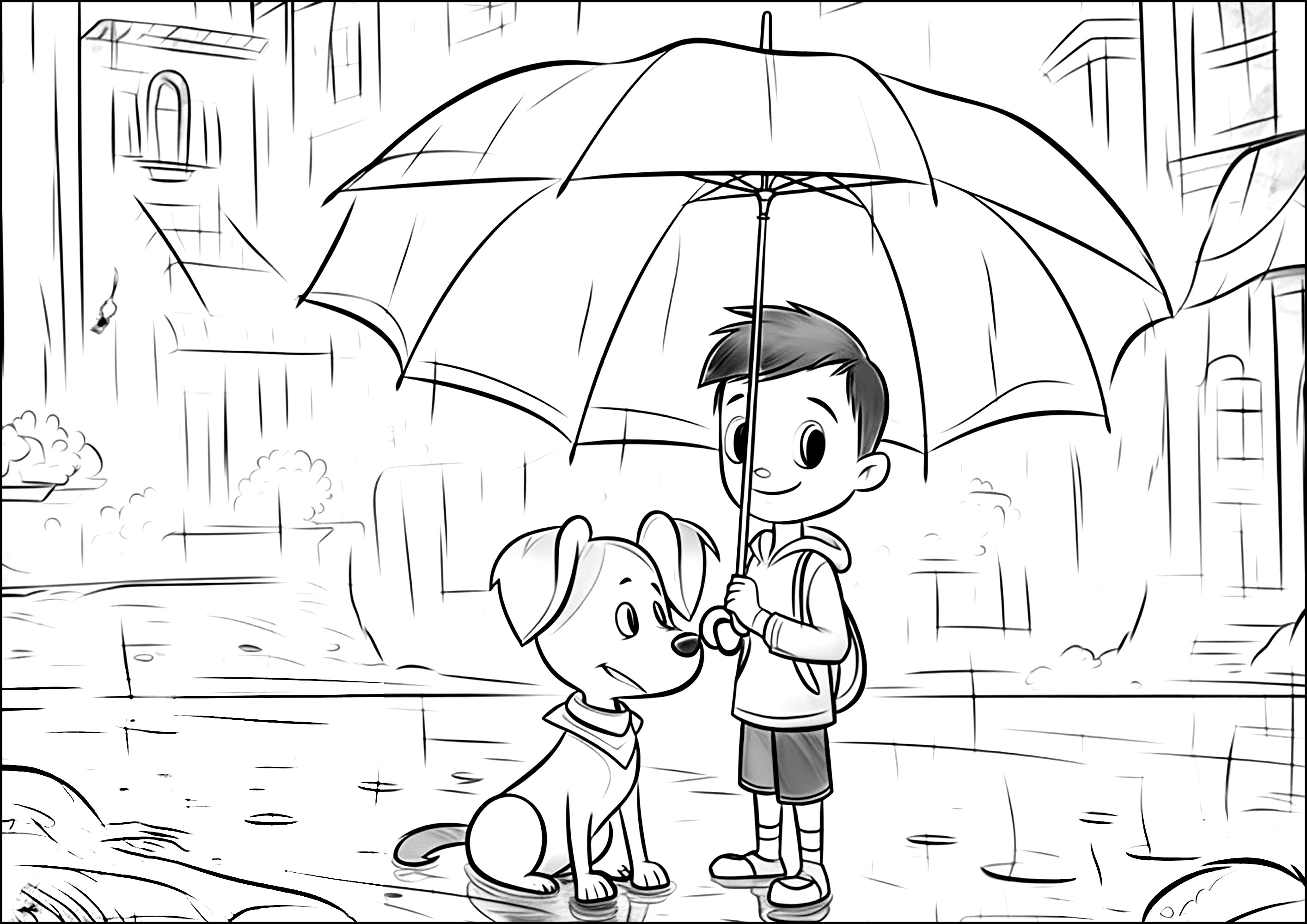 Garçon et son chien sous la pluie - Coloriages de Chiens à imprimer