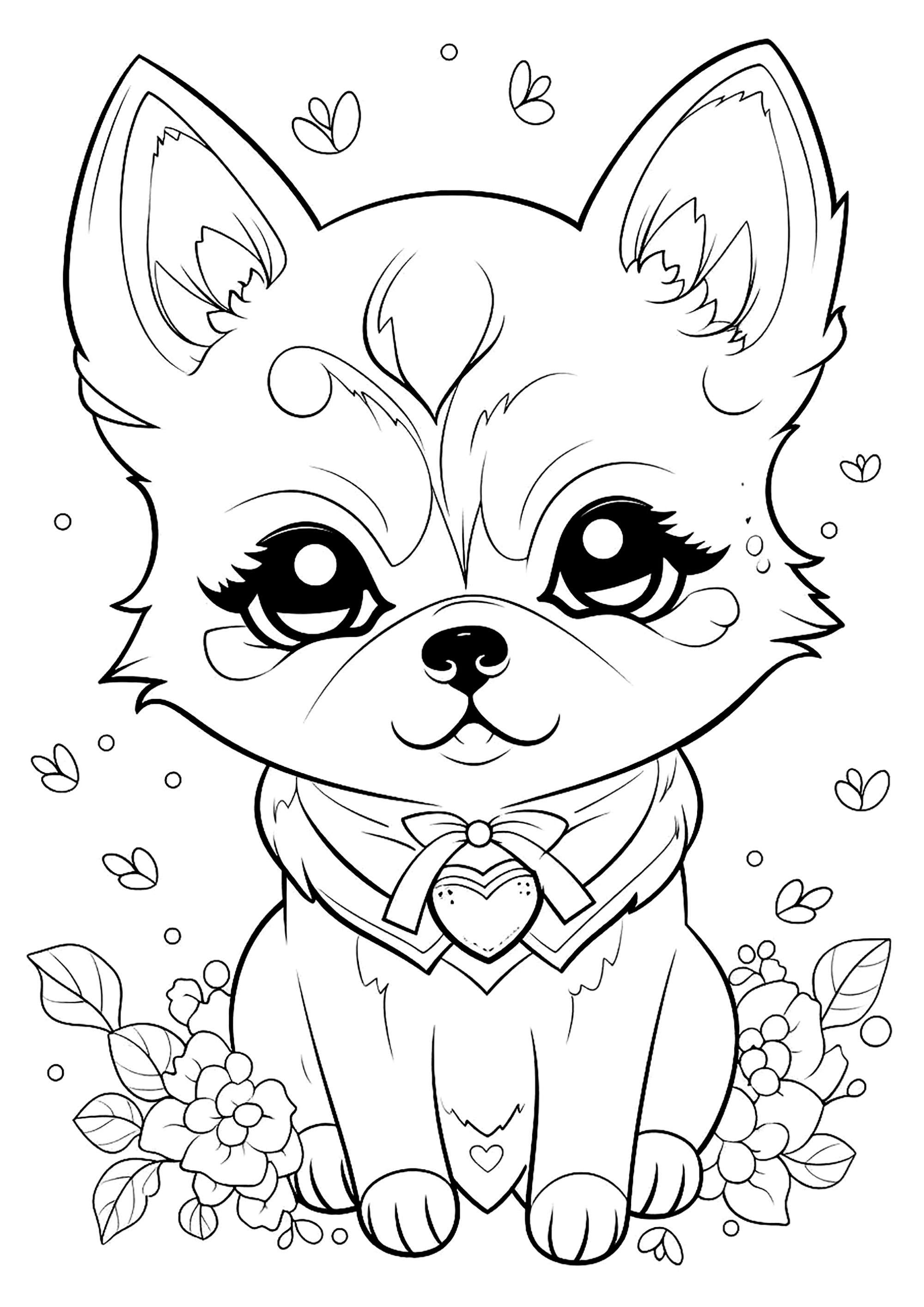 Petit chiot mignon avec quelques fleurs - Coloriages de Chiens à imprimer, image size:2000x2828