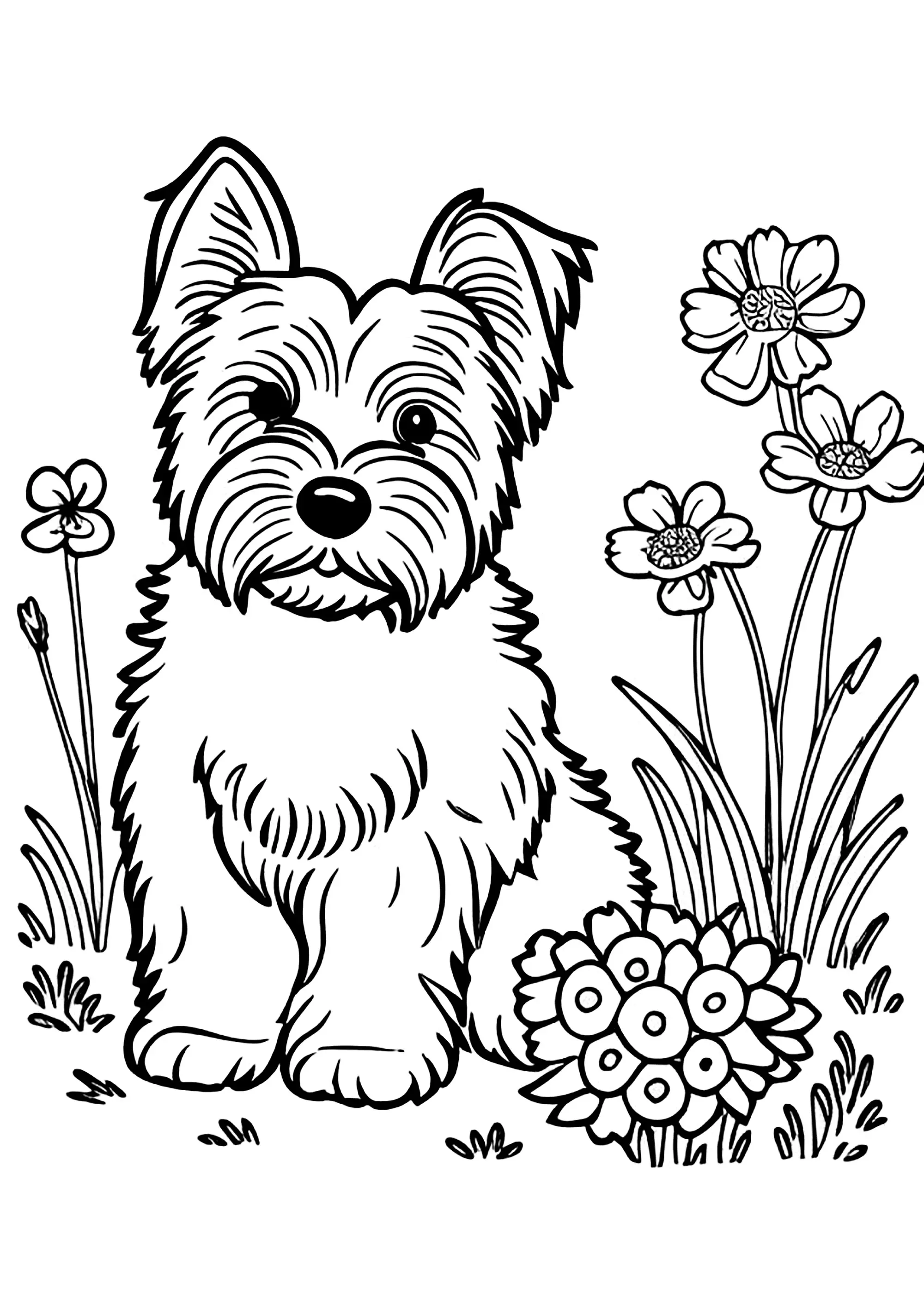 Joli chien et fleurs (Coloriage à imprimer pour enfants)