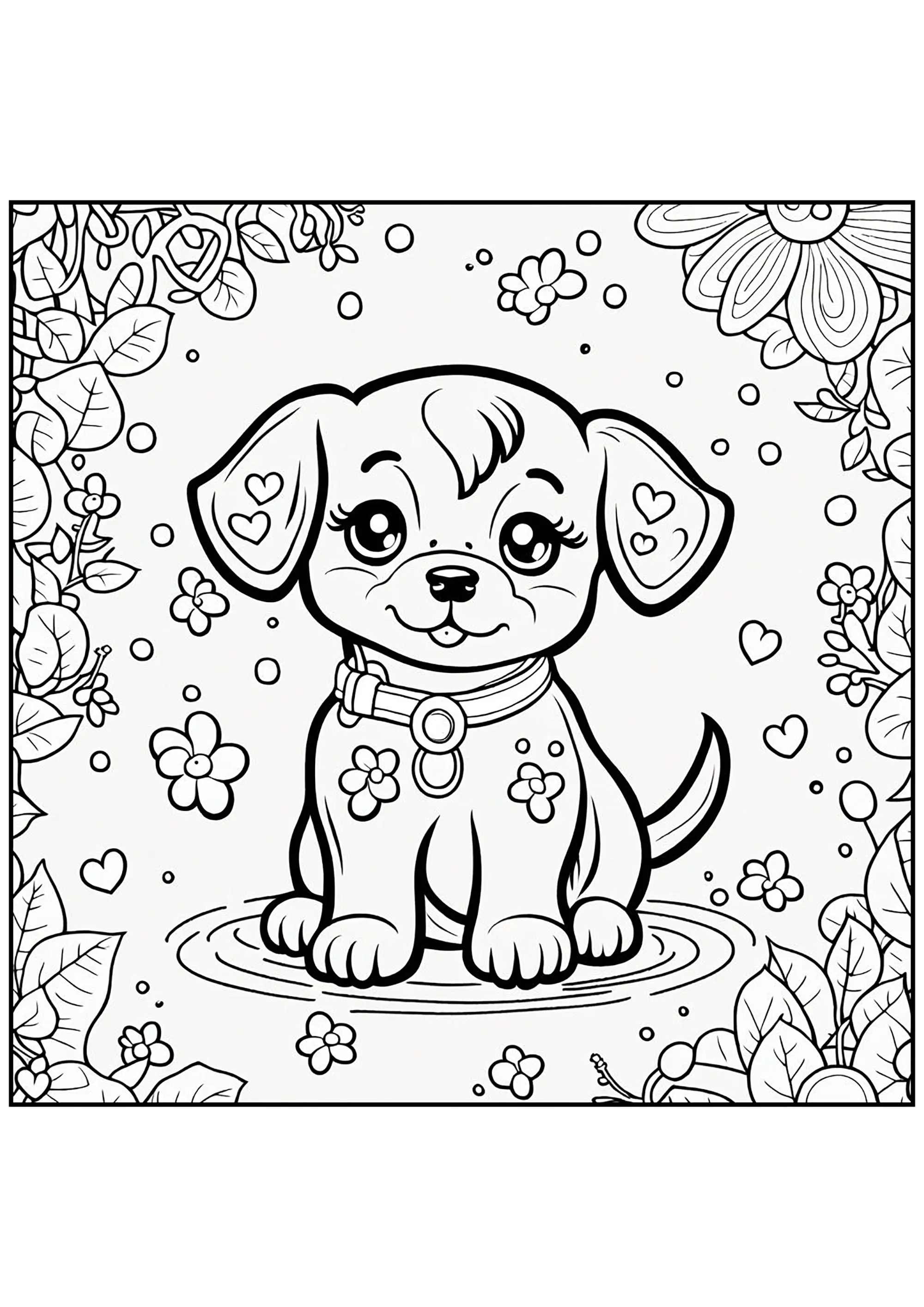 Jeune chienne dans un cadre fleuri (Coloriage de Chiens à imprimer pour enfants)