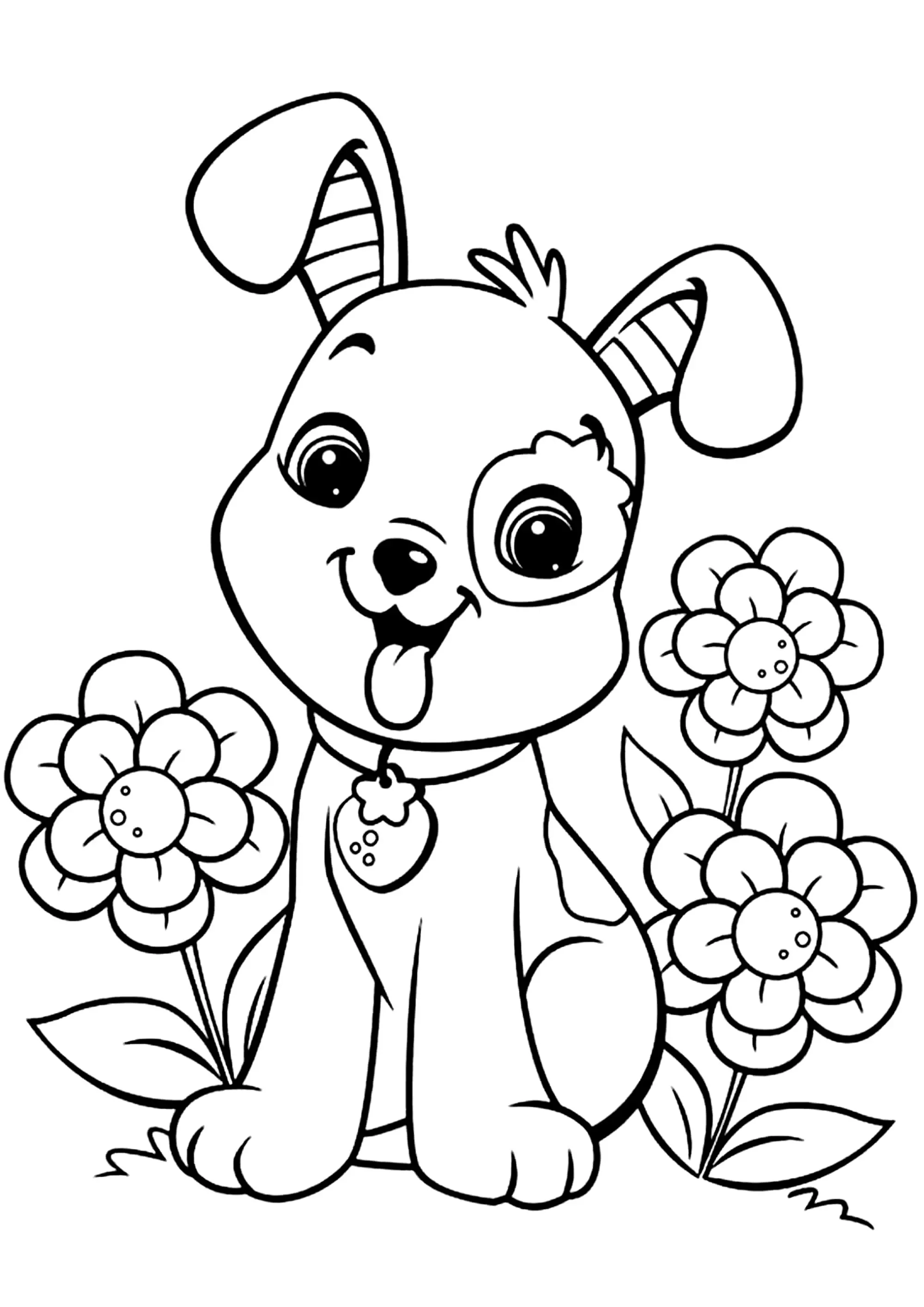 Joli chien et petites fleurs (Coloriage à imprimer pour enfants)
