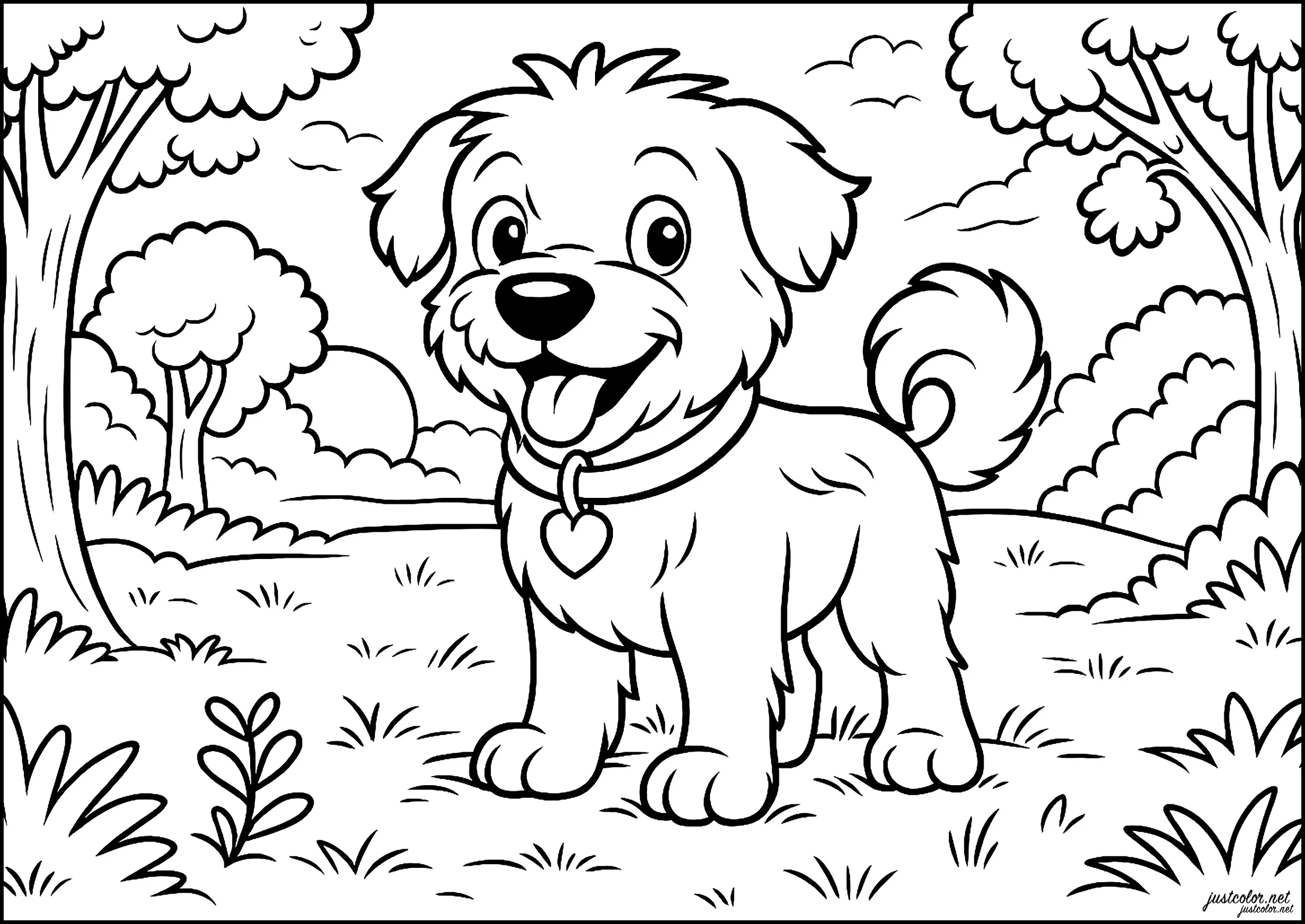 Chien joyeux dans un parc tranquille (Coloriage à imprimer pour enfants)