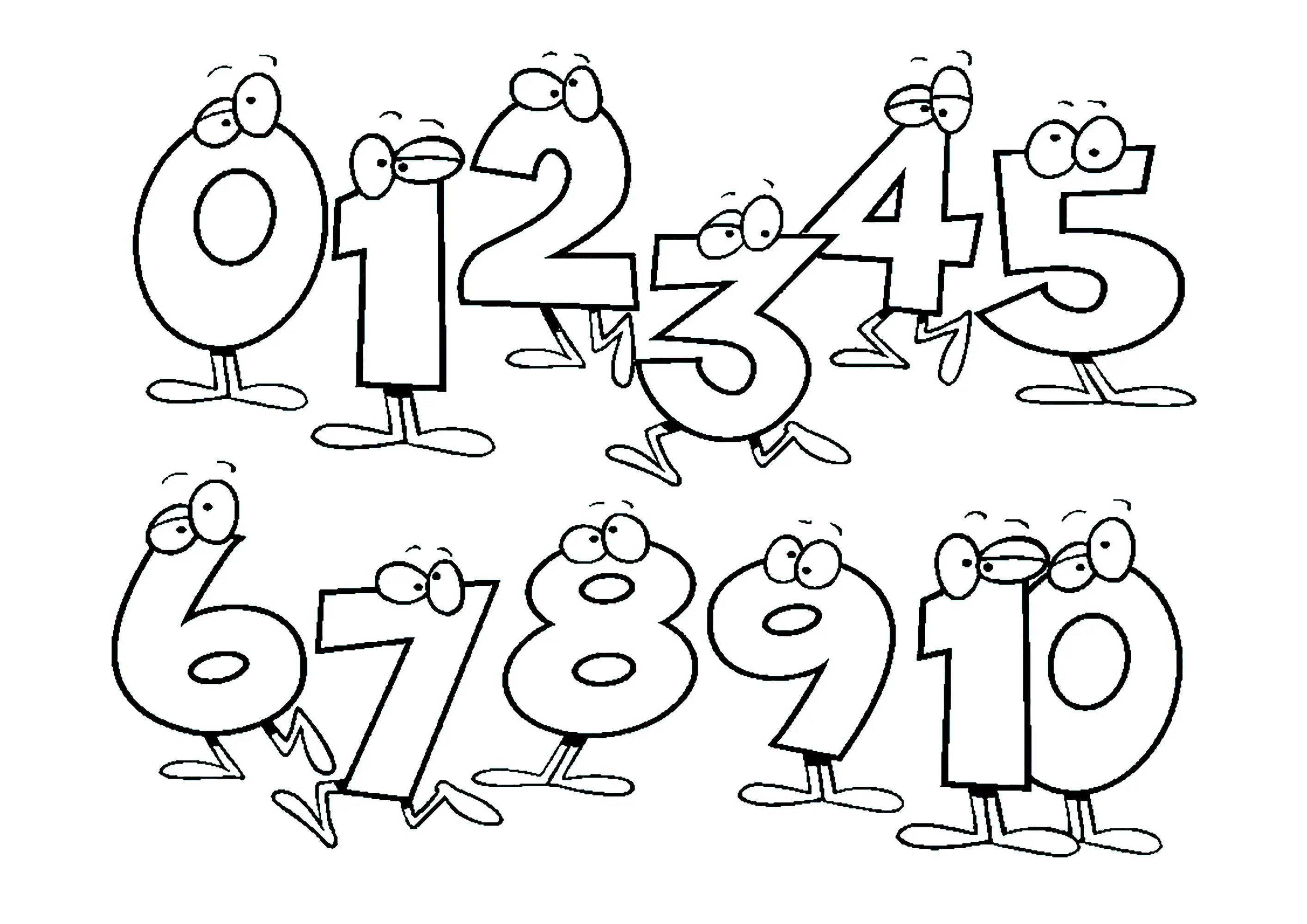 Personnages nombres : de 0 à - 10 (Coloriage de Chiffres à imprimer pour enfants)