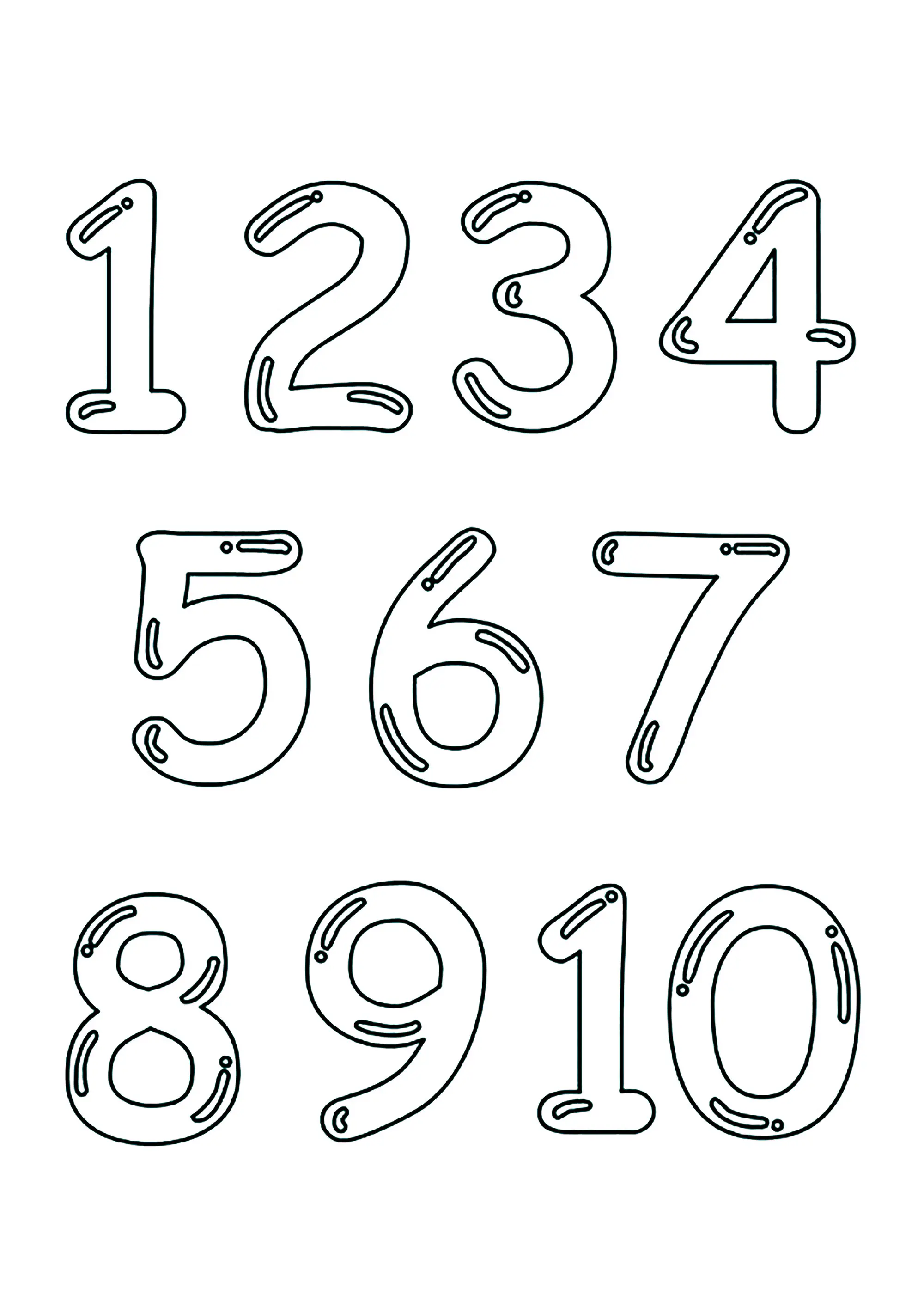 Simple dessin de nombres de 0 à - 10 (Coloriage de Chiffres à imprimer pour enfants)