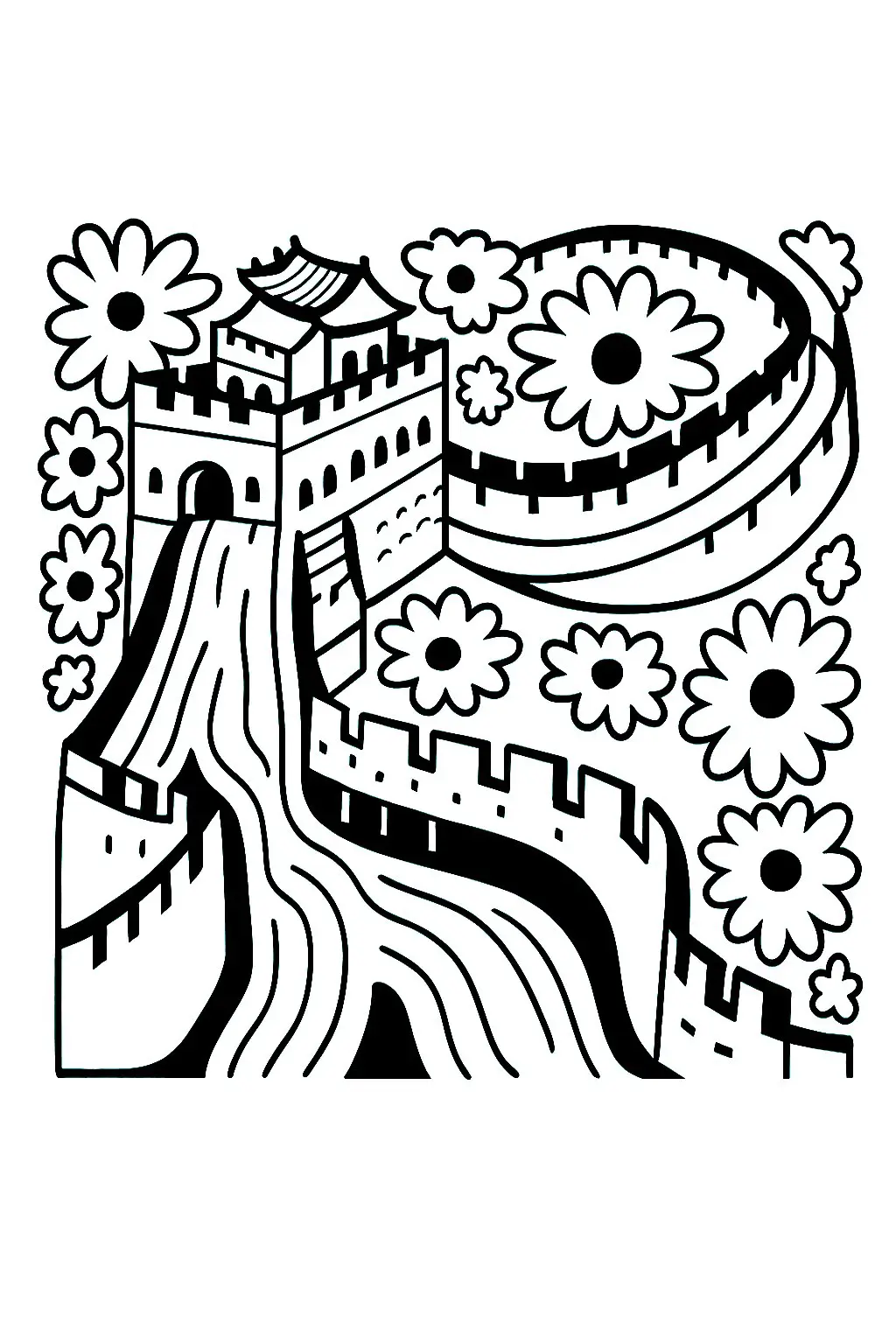 Dessin de la Grande muraille de Chine, au style très spécial (Coloriage à imprimer pour enfants)