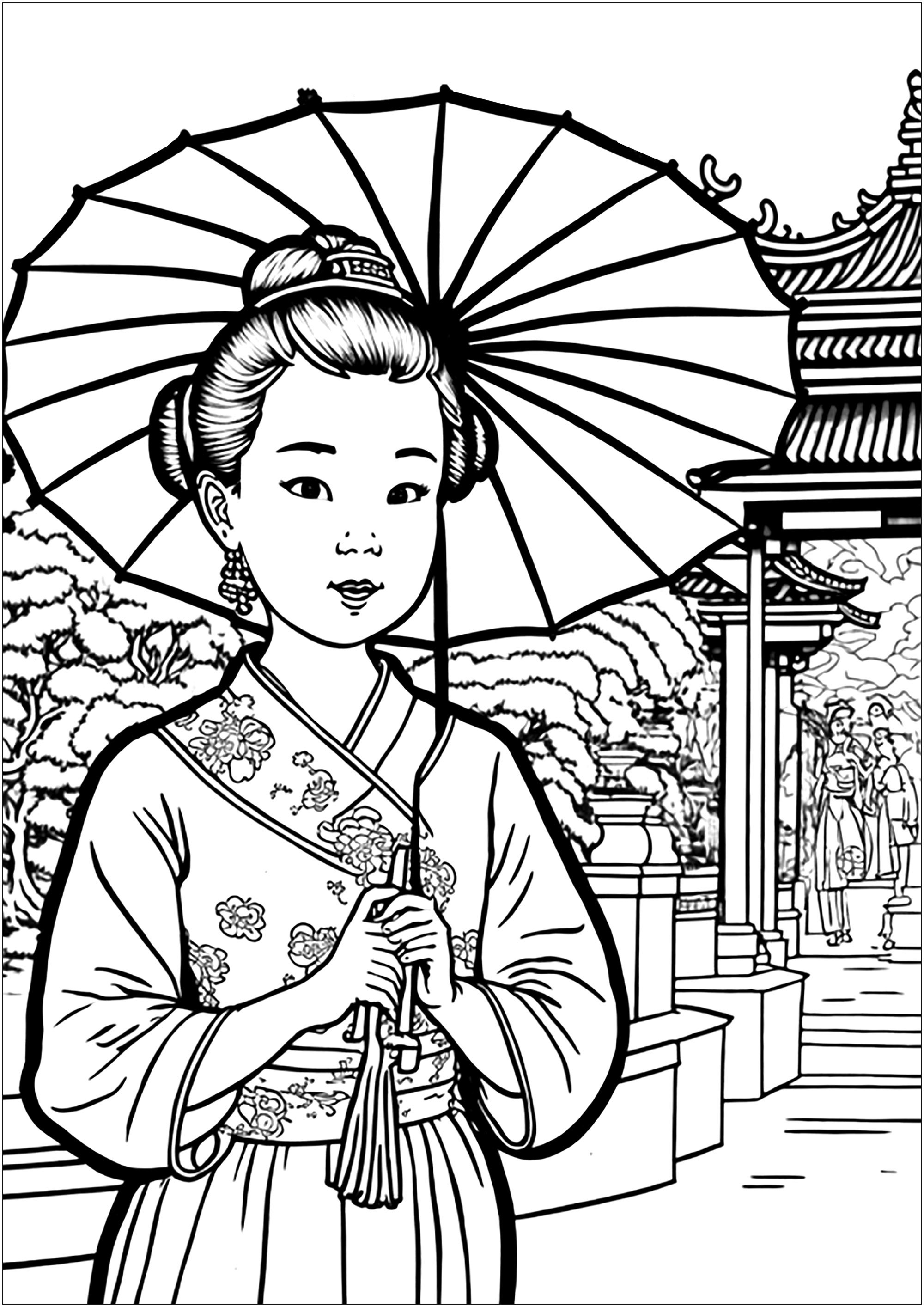 Une jolie chinoise en kimono avec une belle ombrelle. La jeune femme porte un magnifique kimono aux couleurs vives et un chapeau traditionnel. Elle tient une jolie ombrelle en papier qui complète sa tenue. Tout autour, un joli temple et un jardin typique sont à colorier.
