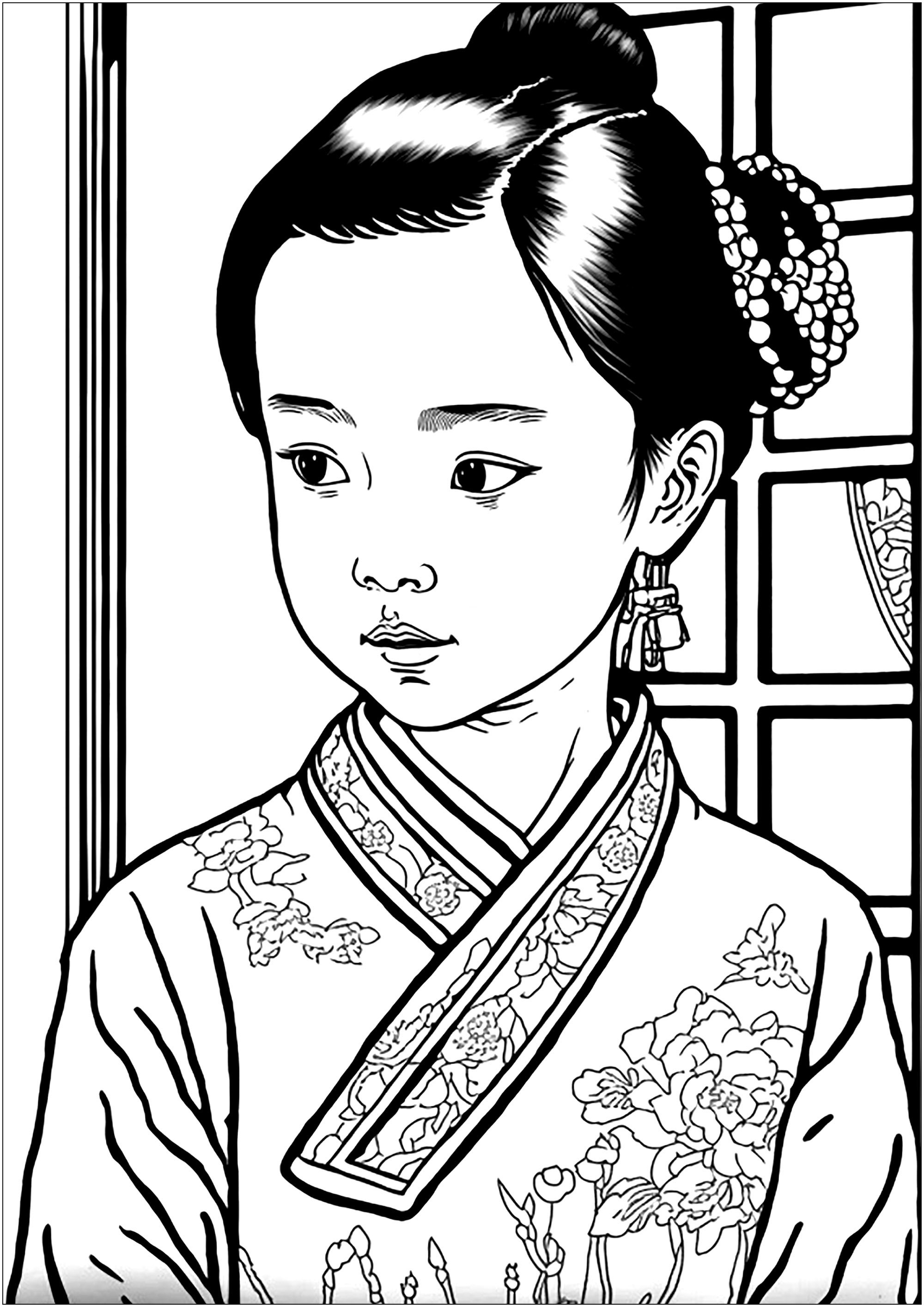 Un coloriage inspiré du portrait d'une jeune chinoise songeuse