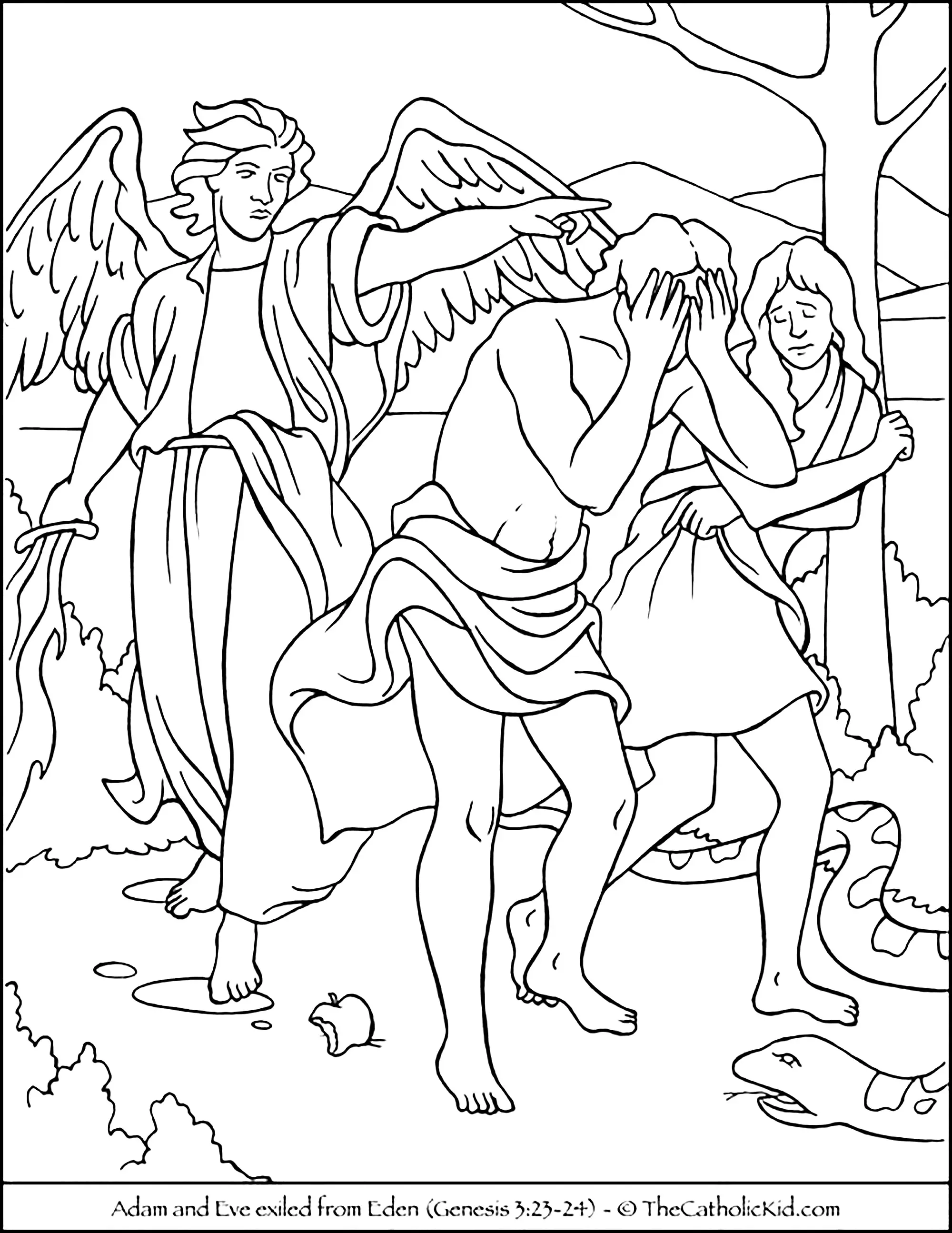 L'exil d'Adam et Eve, hors de l'Eden (Coloriage de Christianisme à imprimer pour enfants)