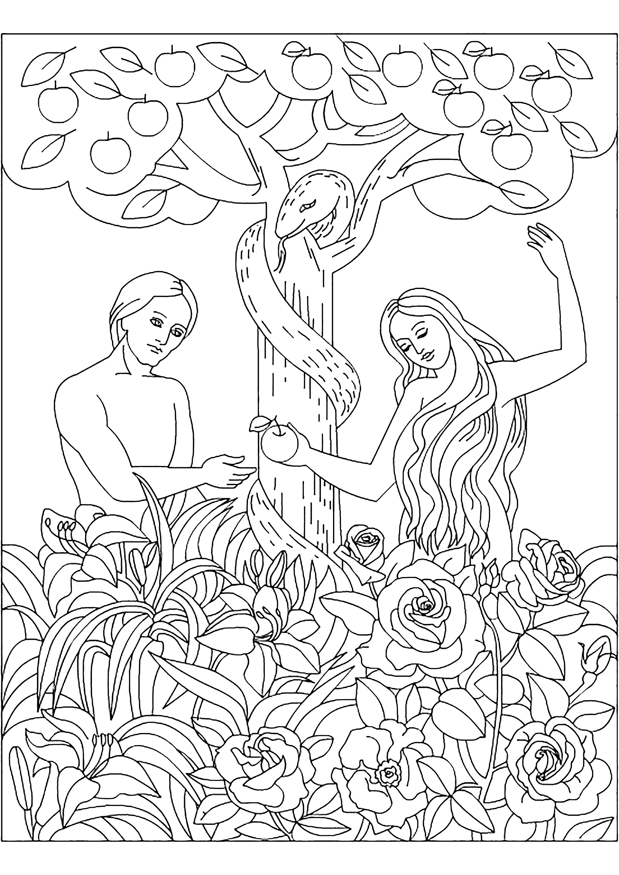 Joli coloriage de Adam et Eve. Coloriez Adam, Eve, le serpent et la fameuse pomme