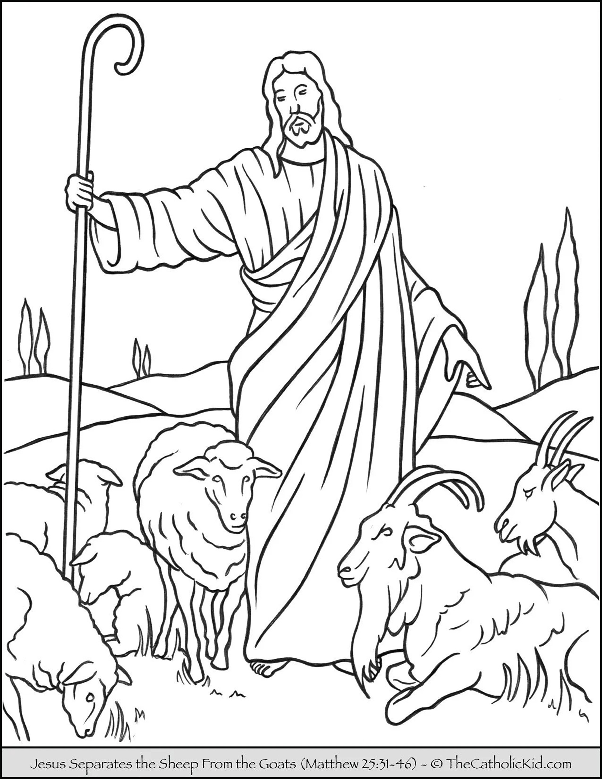 Jesus séparant les moutons des chevres. Cette parabole concerne le temps du jugement. Les moutons sont le symbole de ceux qui suivent et obéissent au Christ, tandis que les chèvres représentent ceux qui ont choisi de ne pas suivre Jésus et son exemple sur terre (un témoin).