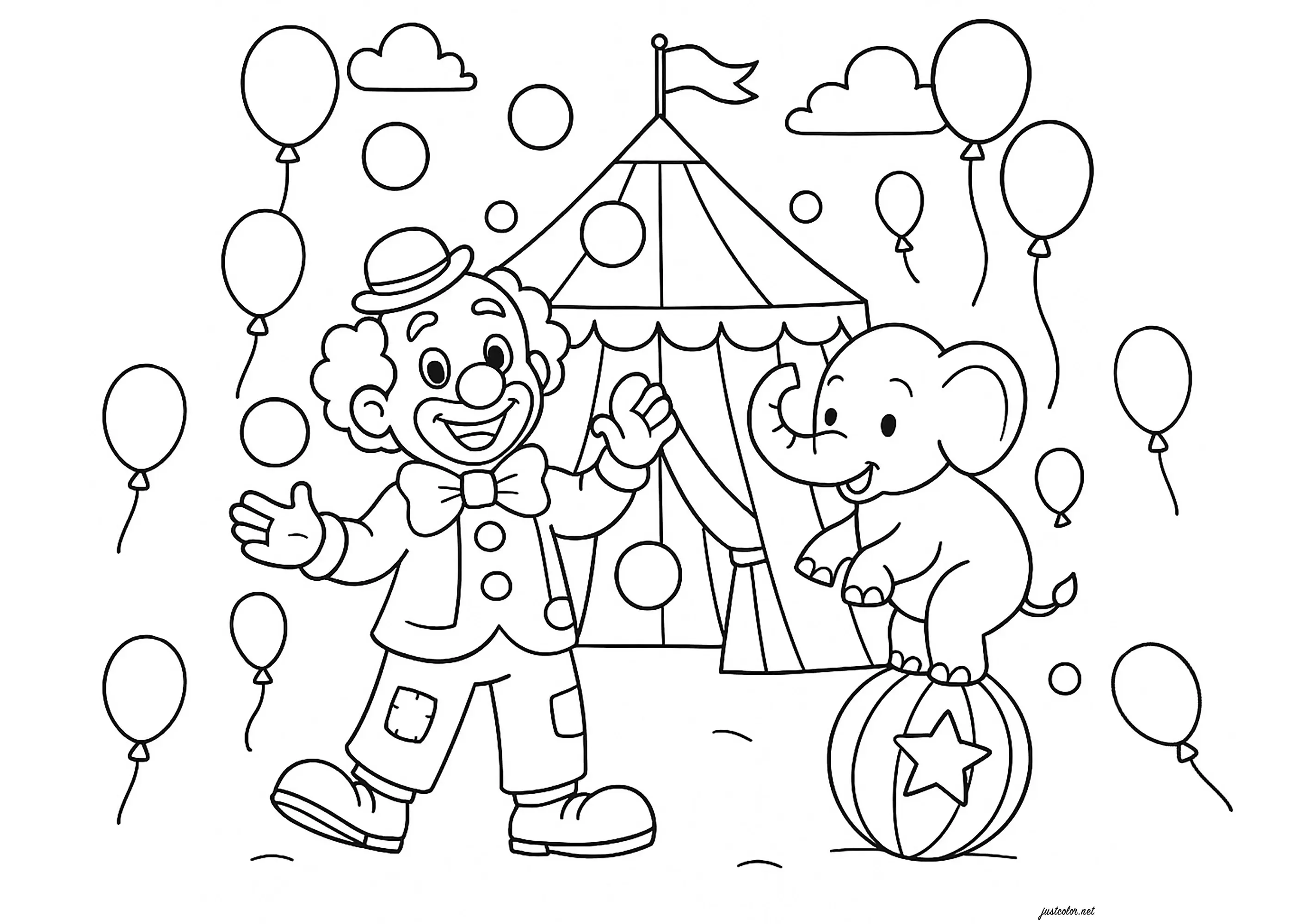 L'éléphant et le clown entourés de ballons (Coloriage de Cirque à imprimer pour enfants)