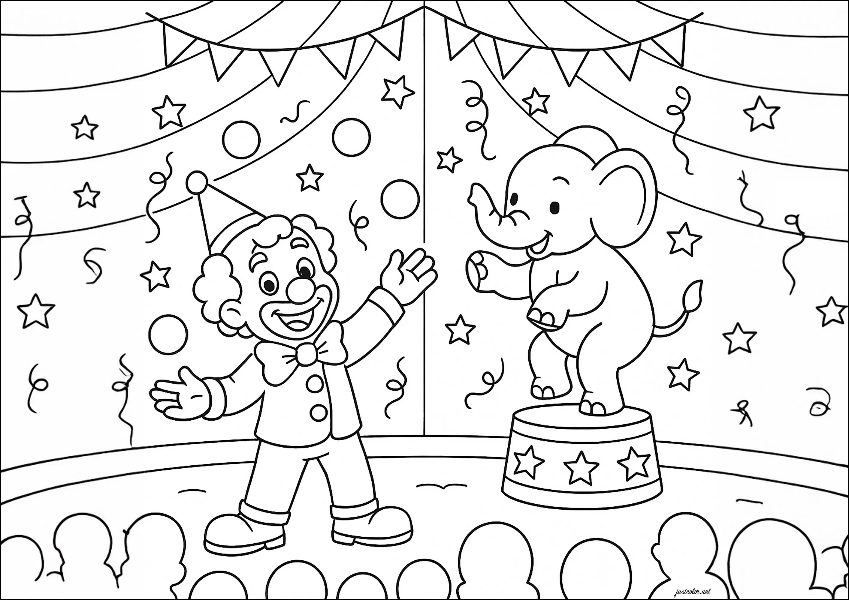 Un clown et un éléphant au cirque (Coloriage à imprimer pour enfants)