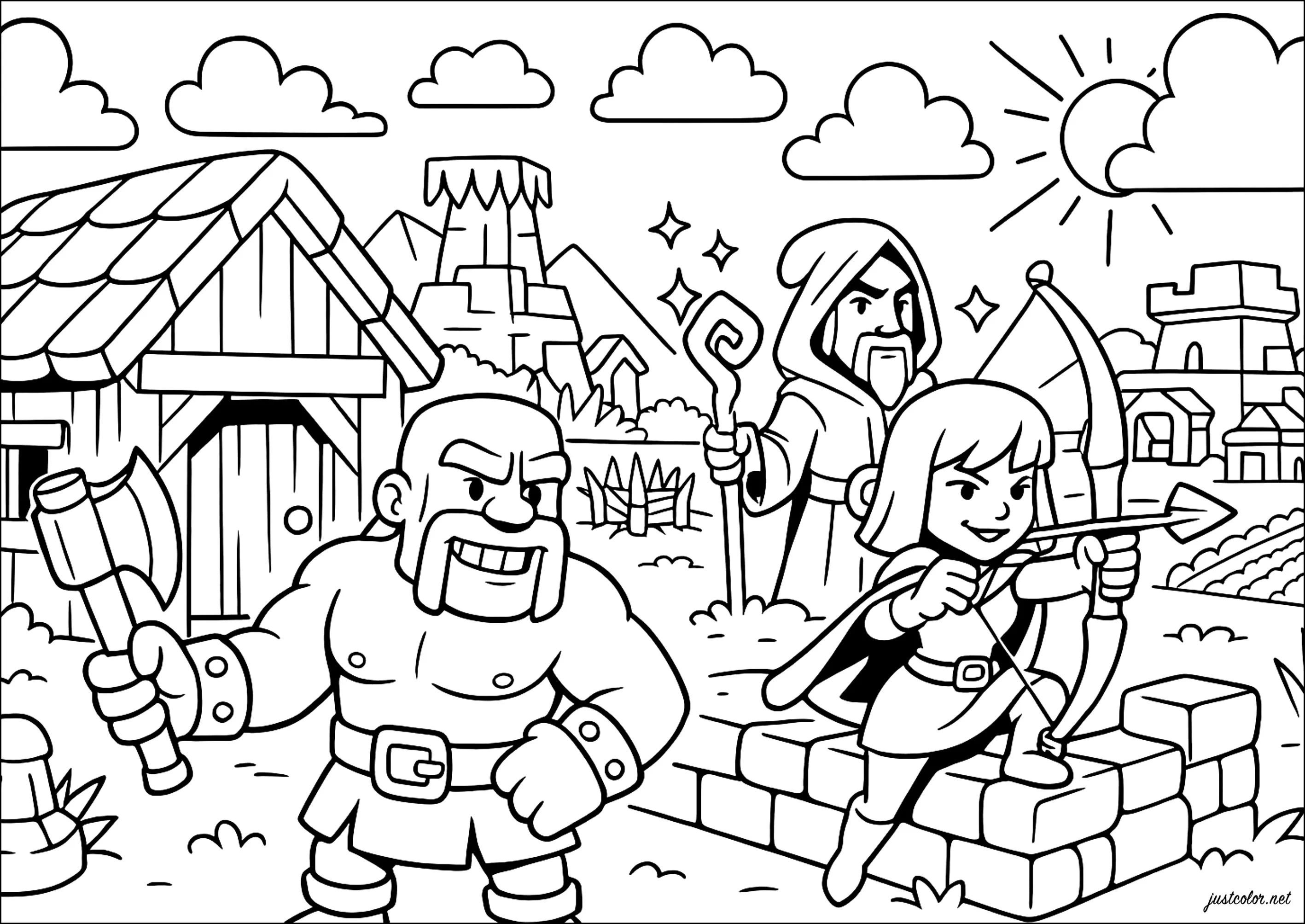 Aventure héroïque dans un village (Coloriage de Clash of Clans à imprimer pour enfants)