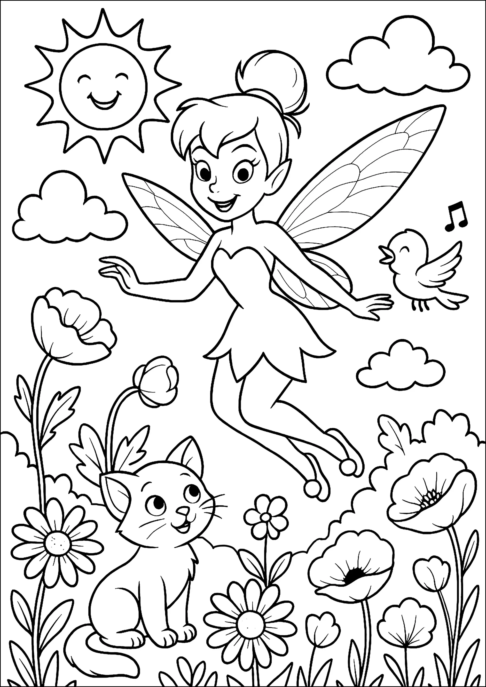 Fée Joyeuse dans un Jardin Enchanté (Coloriage de Fée Clochette à imprimer pour enfants)