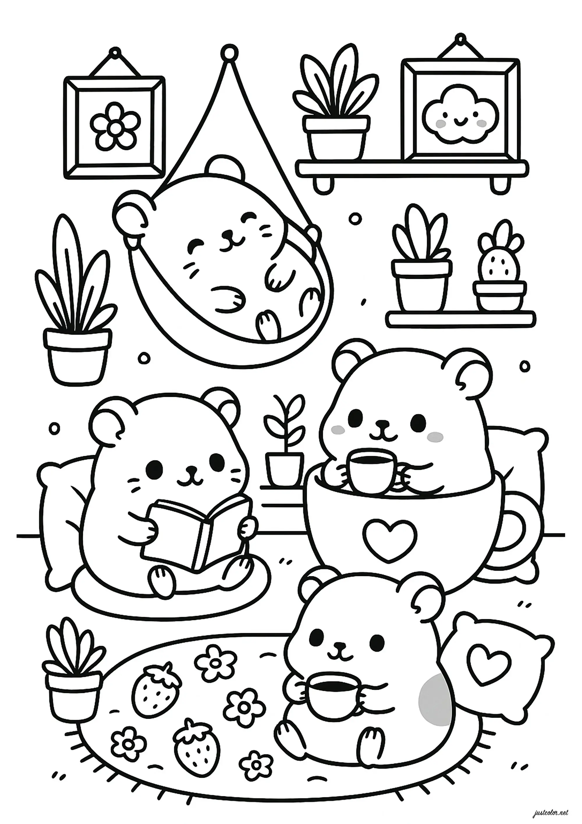 Cochons d'Inde se reposant dans un salon (Coloriage de Cochon d’Inde à imprimer pour enfants)