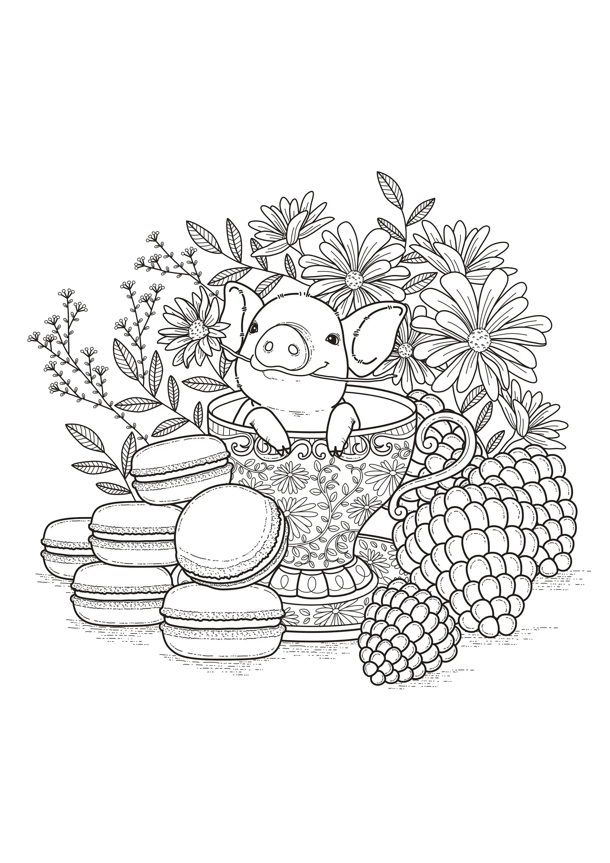 Cochon dans une tasse de café (Coloriage à imprimer pour enfants)