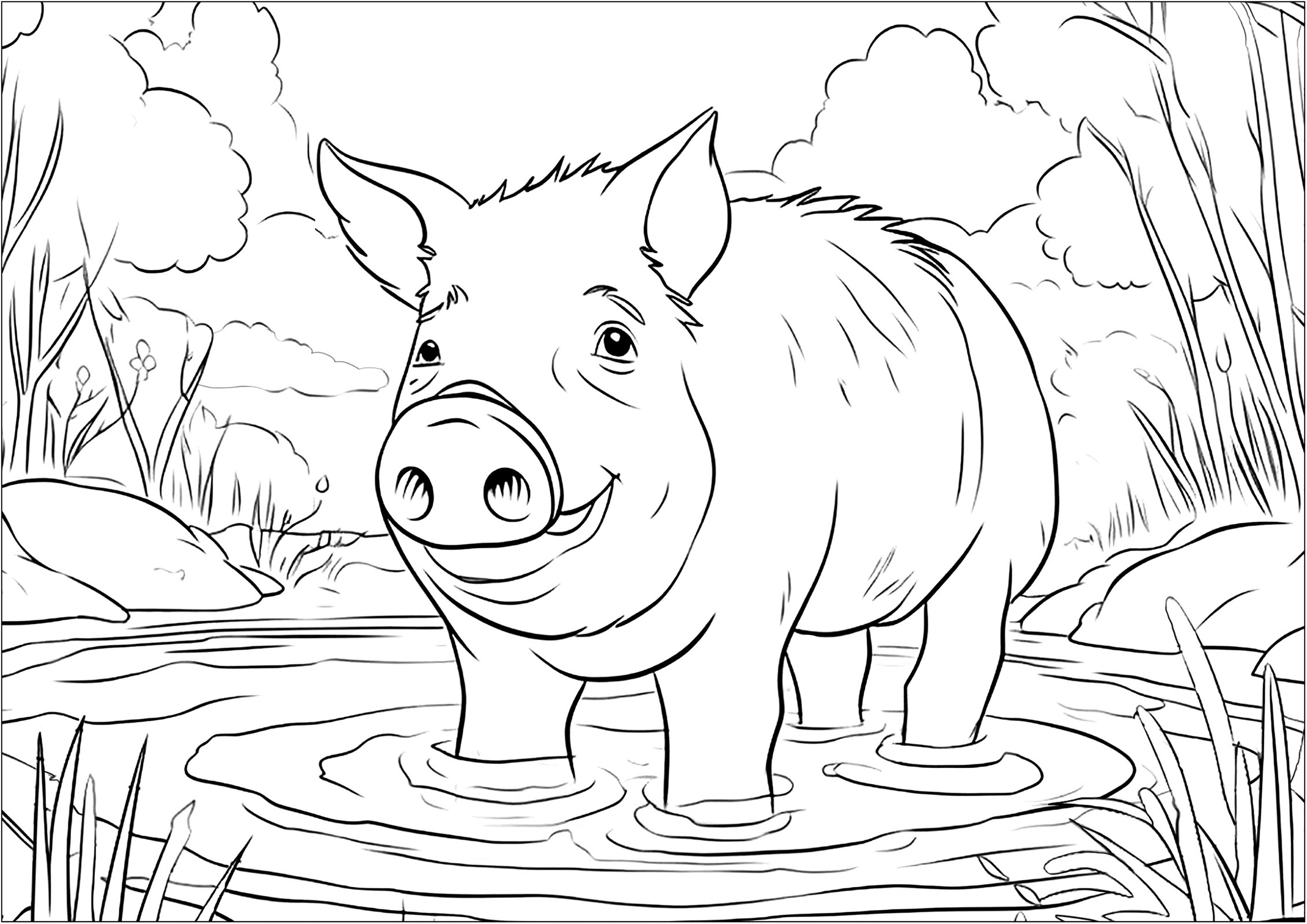 Cochon se baignant dans une marre de boue
