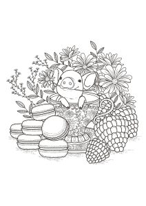 Cochon dans une tasse de café (Coloriage)