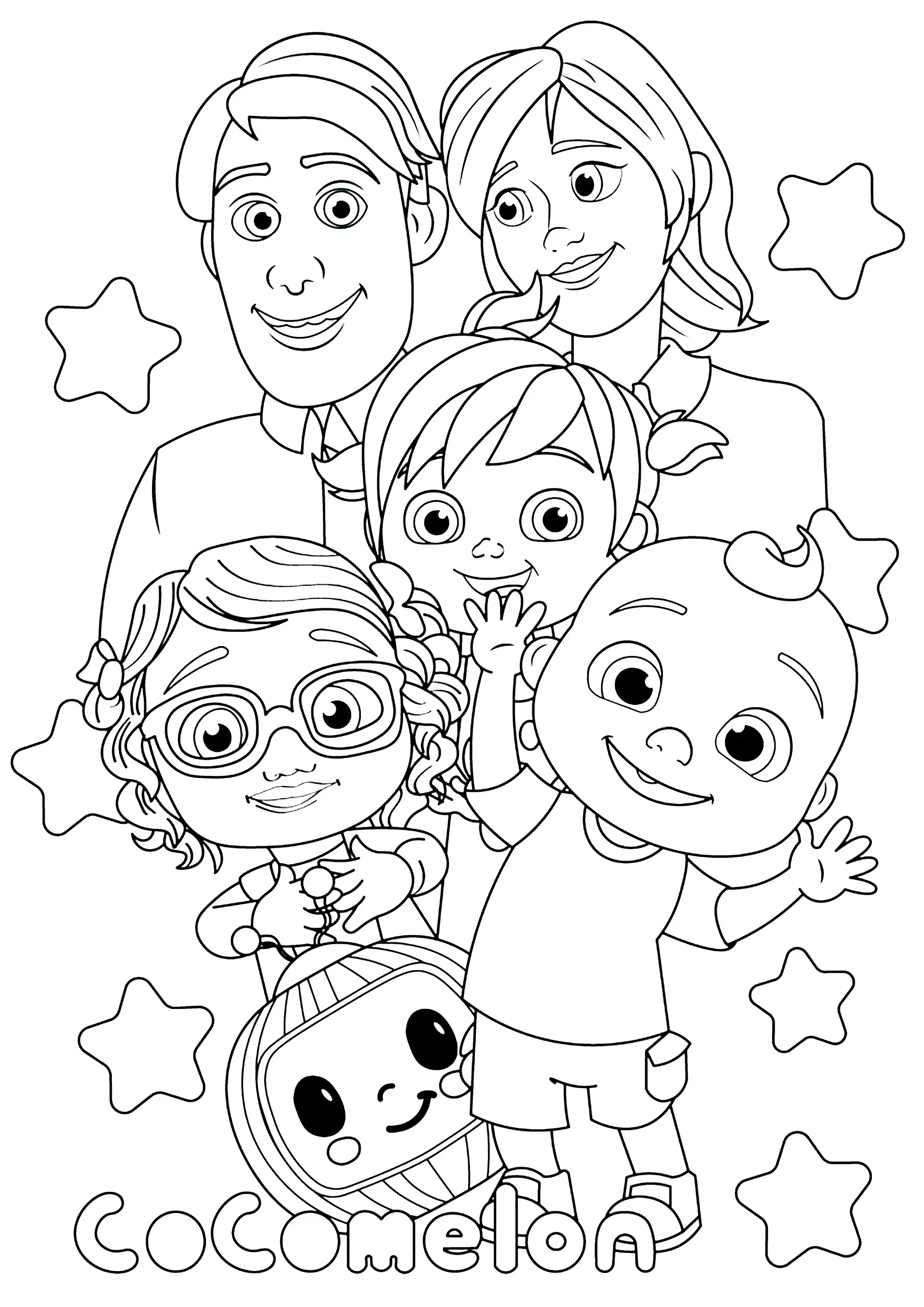 JJ, Bella et autres personnages de Cocomelon (Coloriage à imprimer pour enfants)