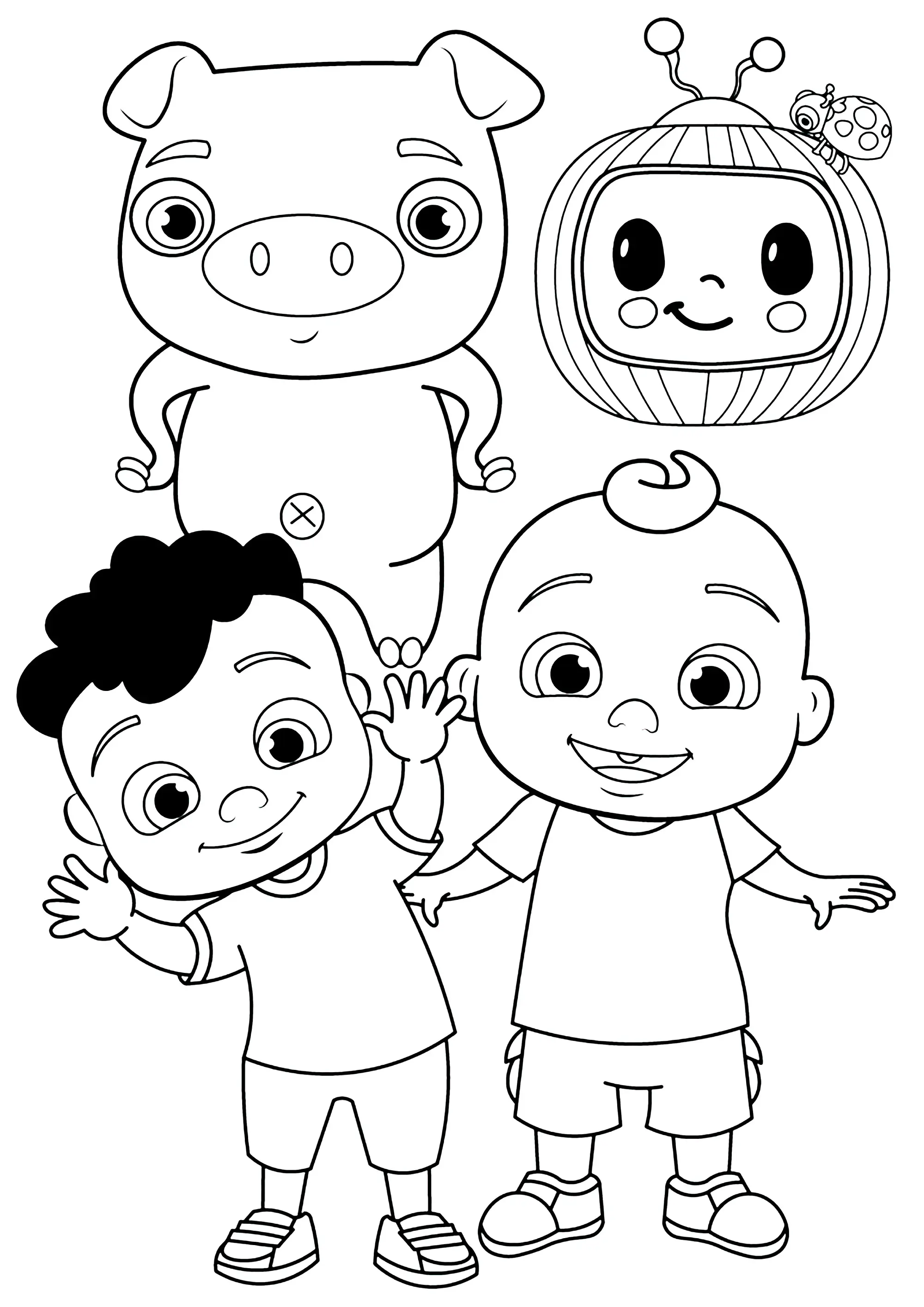 JJ avec Cody et autres personnages de Cocomelon (Coloriage à imprimer pour enfants)