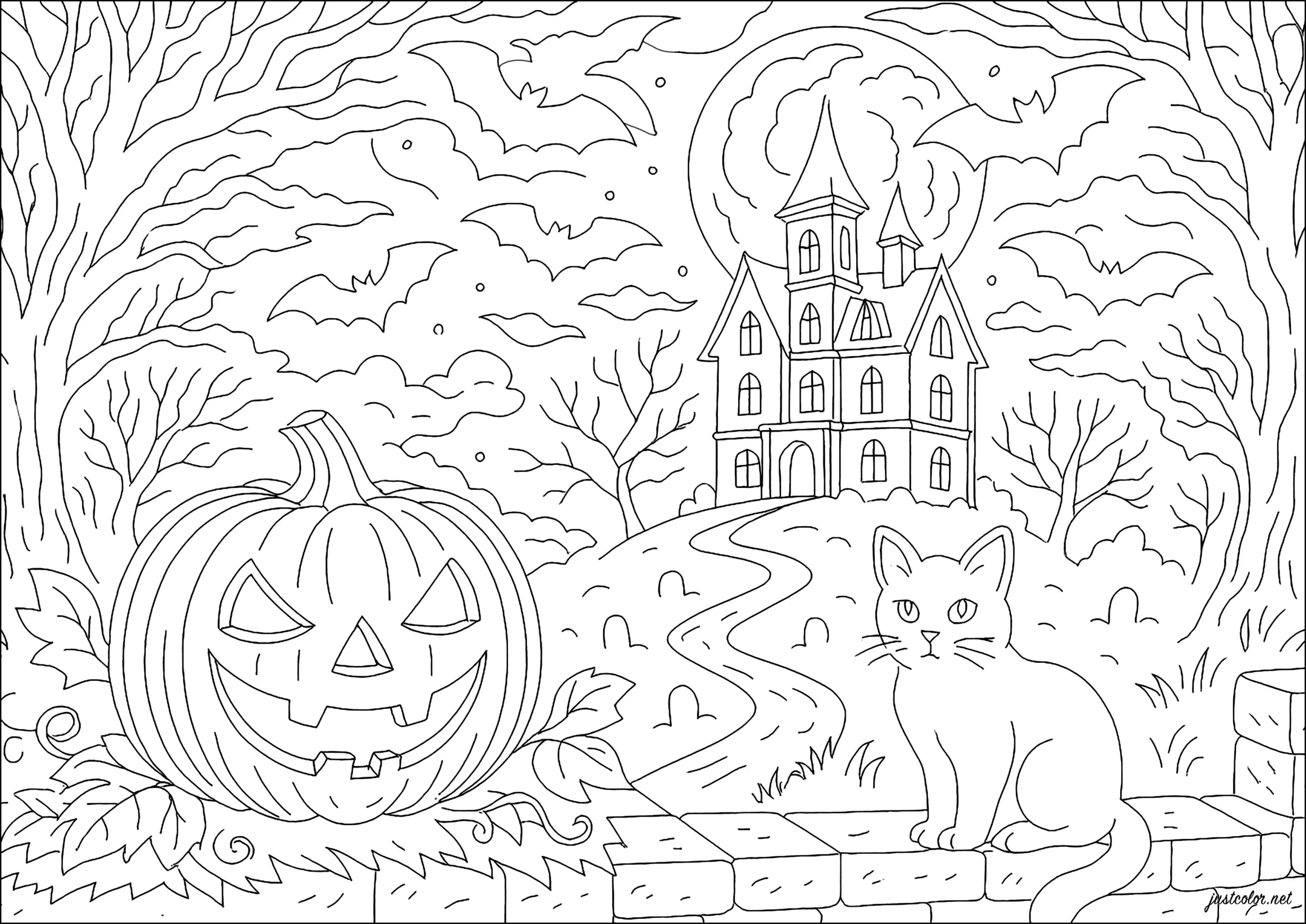 Château hanté sur la colline (Coloriage d'Halloween à imprimer pour enfants)