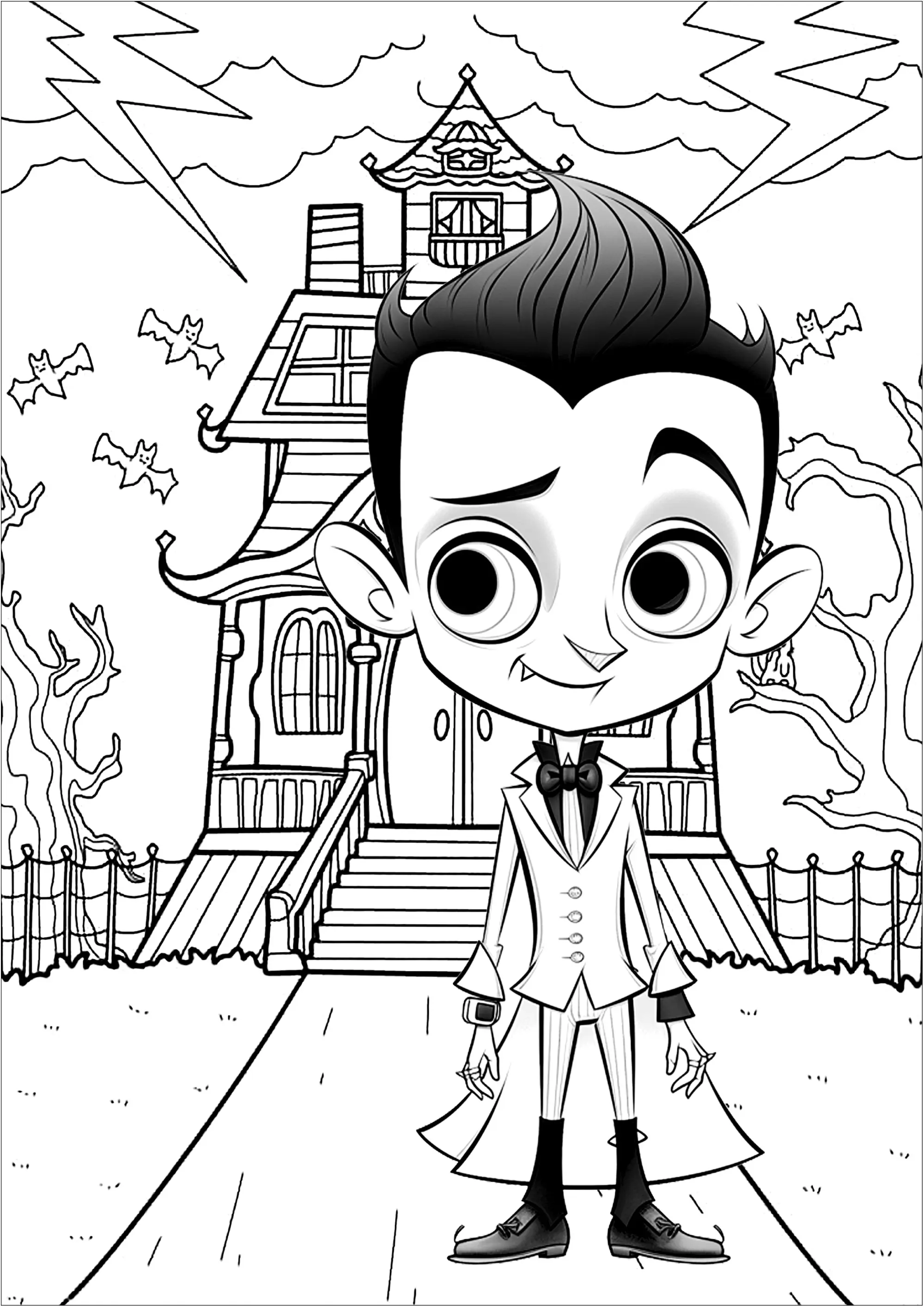 Jeune vampire devant son château (Coloriage d'Halloween à imprimer pour enfants)