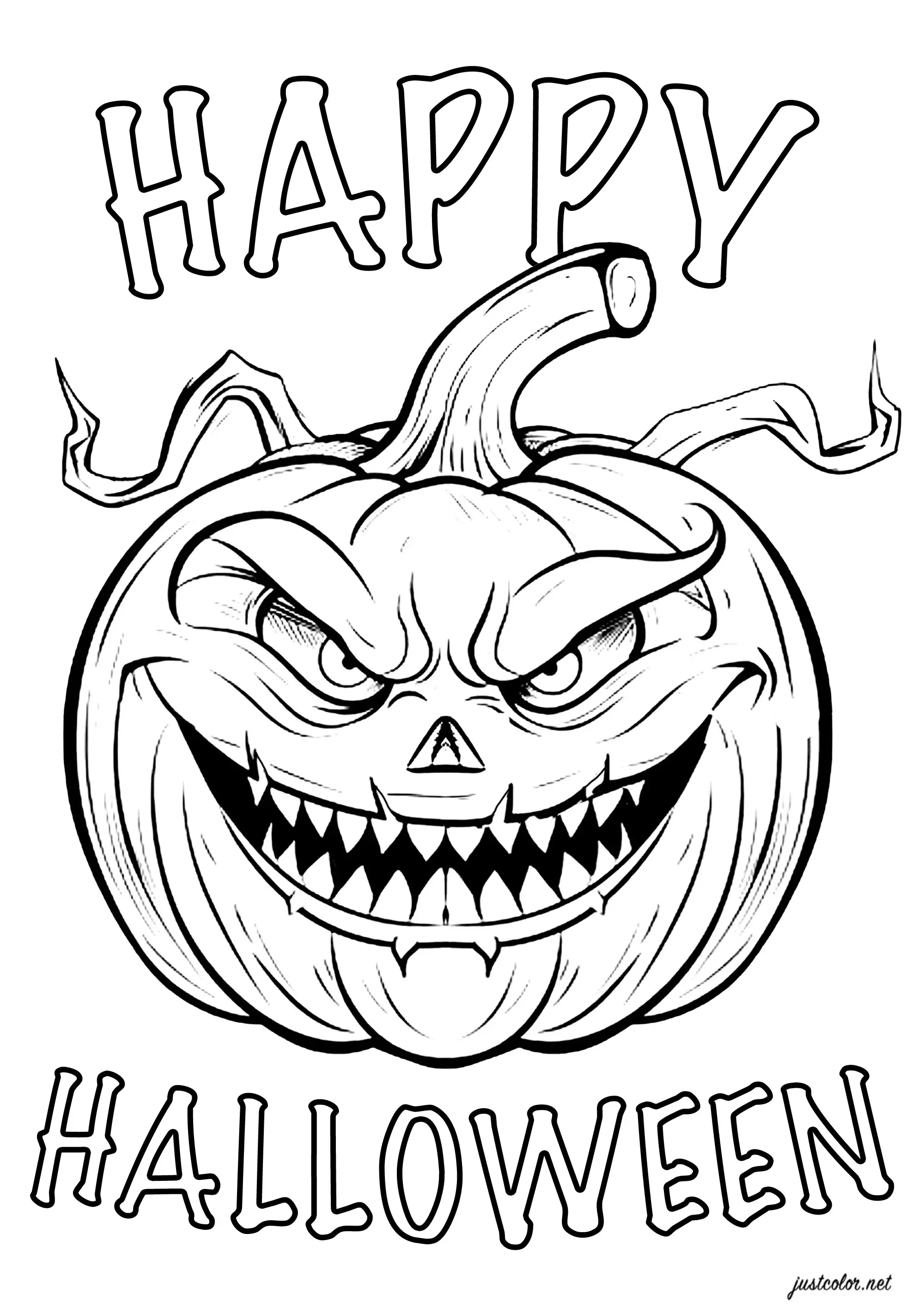 Citrouille effrayante avec texte (Coloriage d'Halloween à imprimer pour enfants)