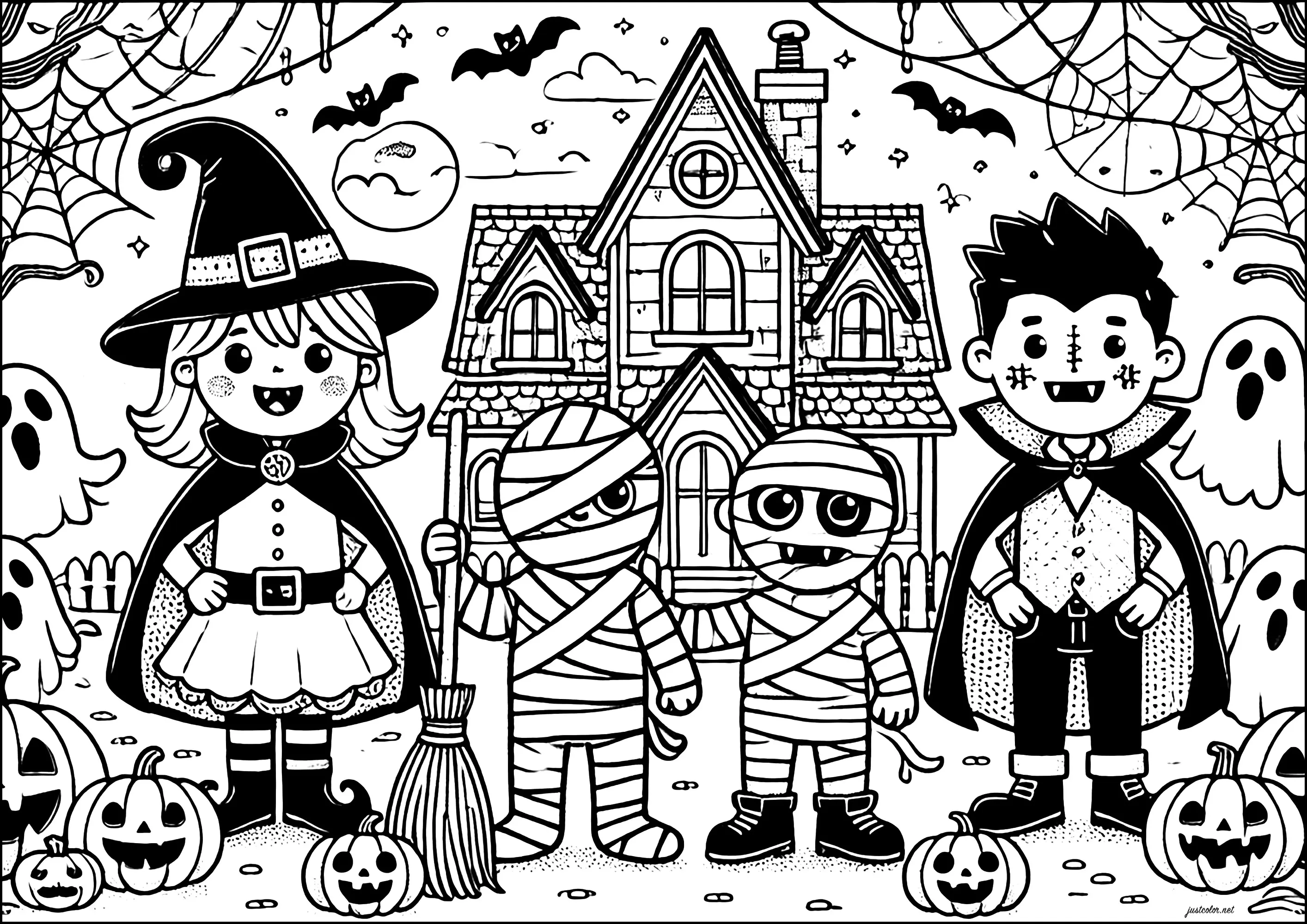 Sorcière, vampire et momies (Coloriage d'Halloween à imprimer pour enfants)