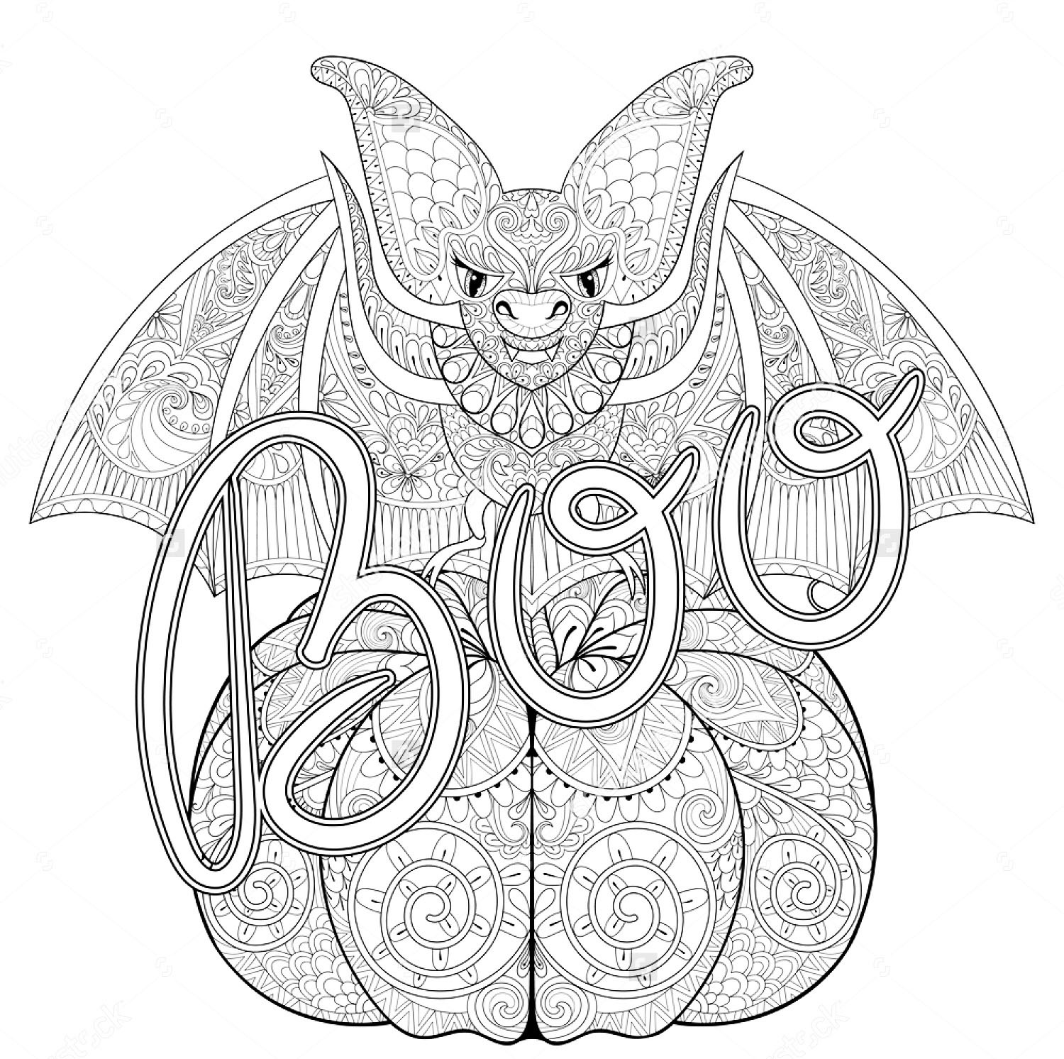 Simple coloriage de Halloween pour enfants avec une Chauve-souris. Nombreux motifs complexes à colorier