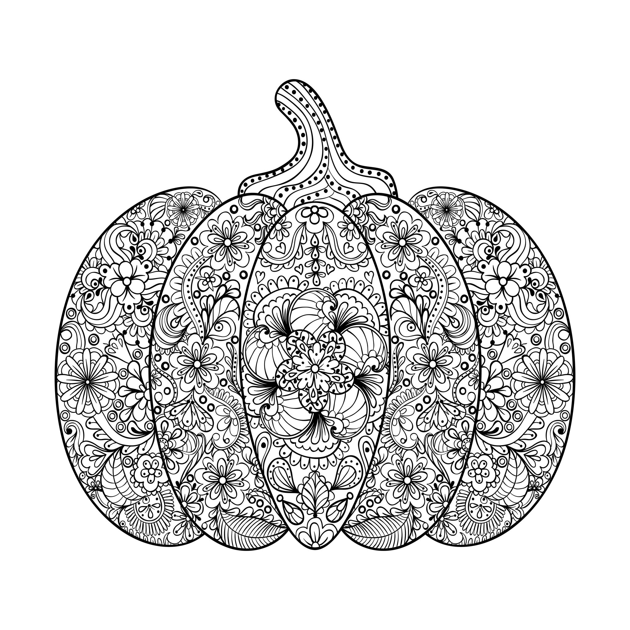 51457196 - vector pumpkin illustration, hand drawn vegetable in zentangle style, tribal totem for tattoo, adult coloring page with high details isolated on white background.