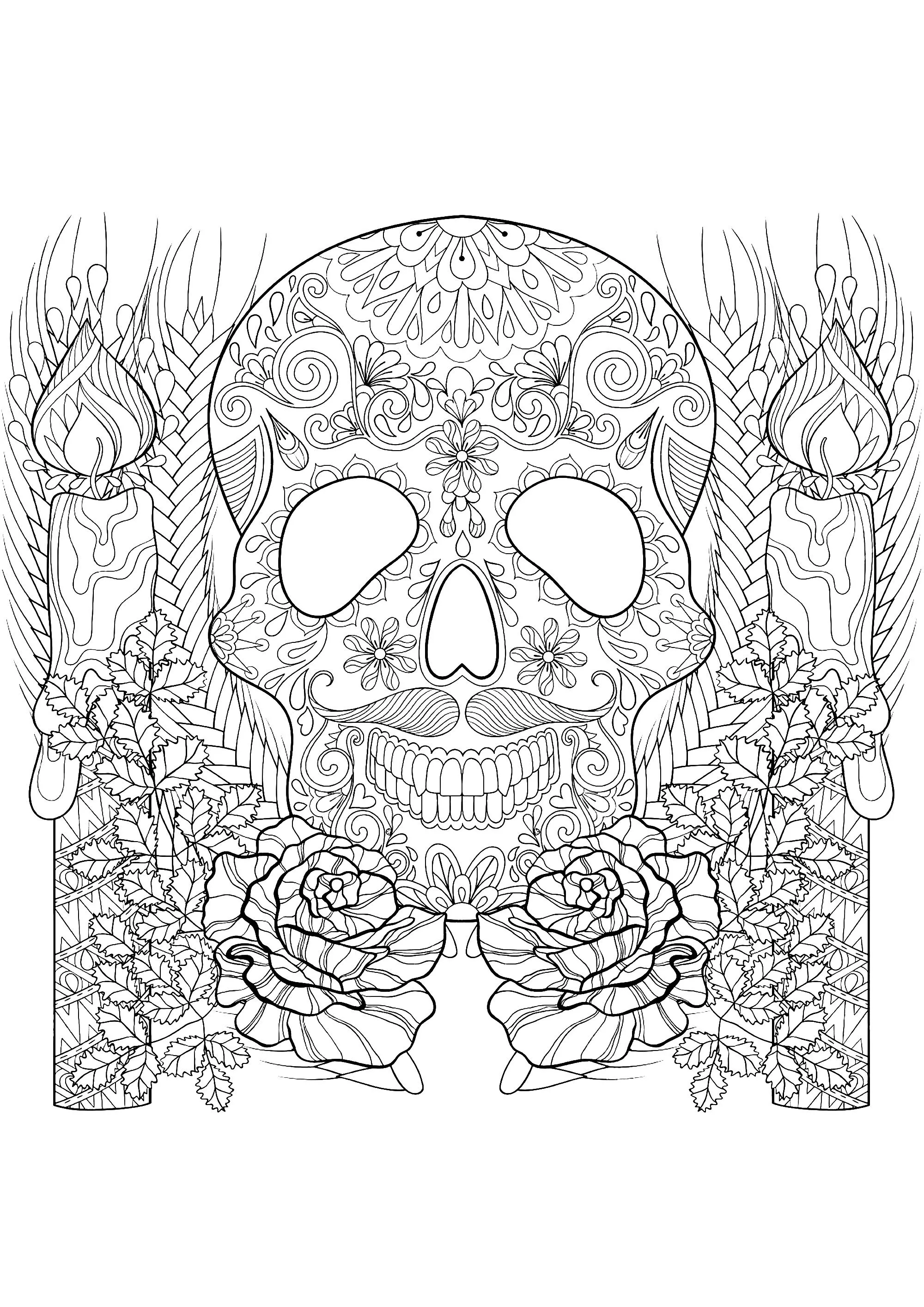 Crâne et bougie (Coloriage d'Halloween à imprimer pour enfants)