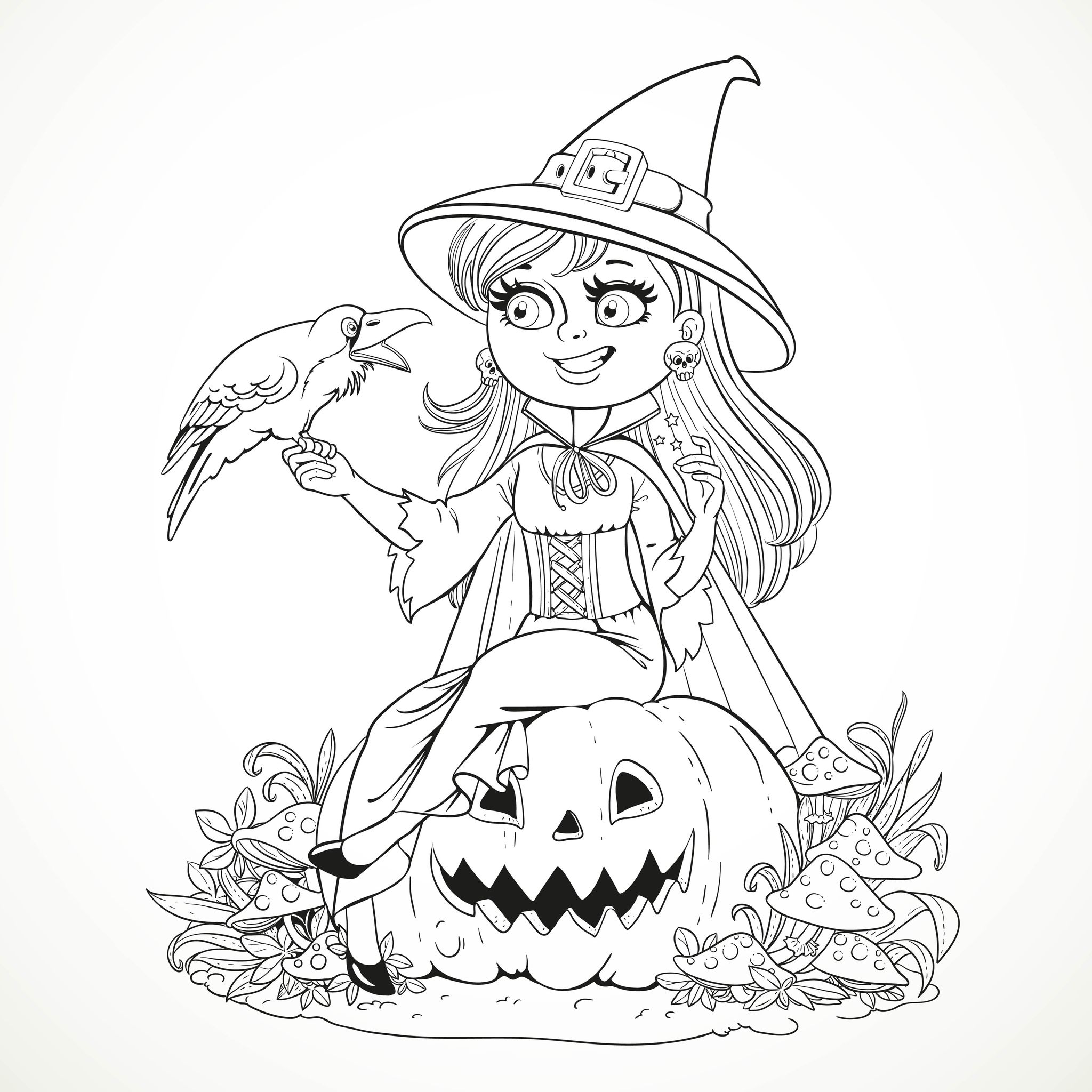 56167982 - beautiful witch sitting on a pumpkin and talks to the black raven outlined for coloring book isolated on white background