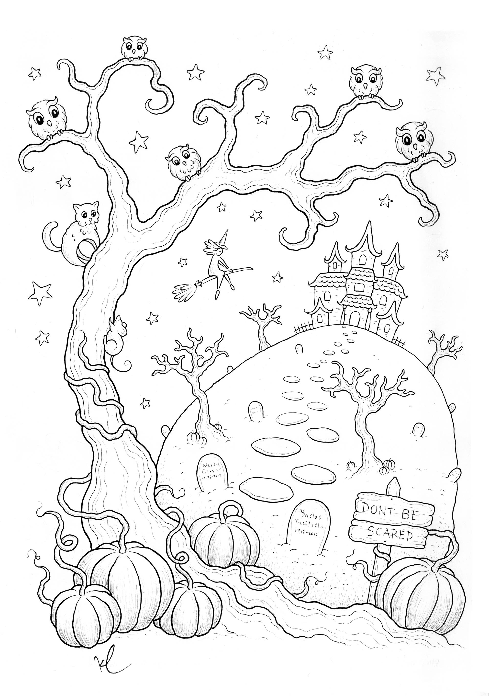 Maison hantée d'Halloween à colorier, par Konstantinos Liaramantzas. Dessiné par Konstantinos Liaramantzas, ce coloriage représente une maison hantée dans un paysage nocturne d'Halloween.Les détails sont très fins, ce sera un vrai plaisir de donner de la vie et des couleurs à ce dessin.