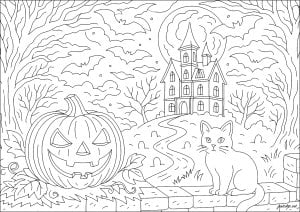 Château hanté sur la colline (Coloriage d'Halloween)