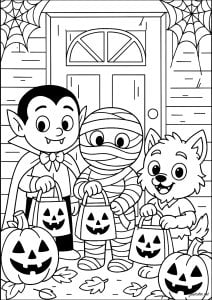 Soirée d'Halloween avec trois Monstres (Coloriage)