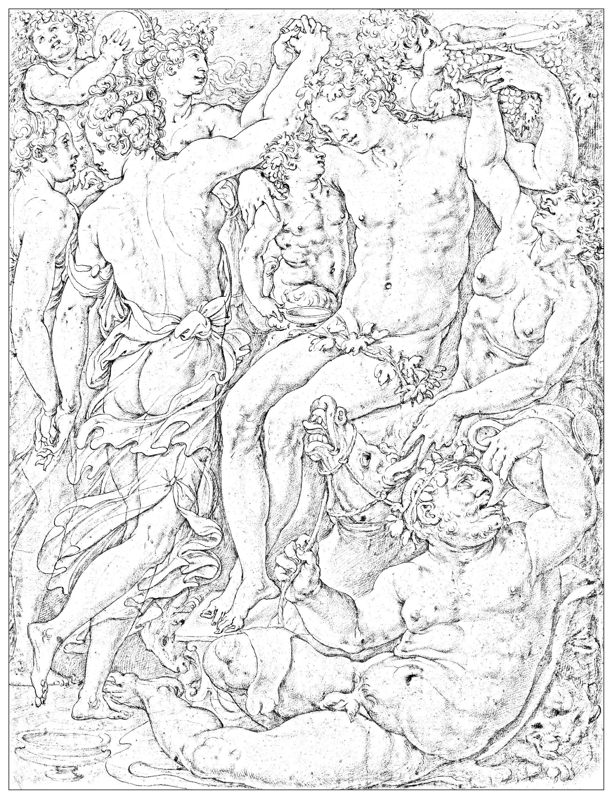 Coloriage complexe à partir d'un dessin de Vasari Bacchanale : Bacchus Silene Faunes et Menades