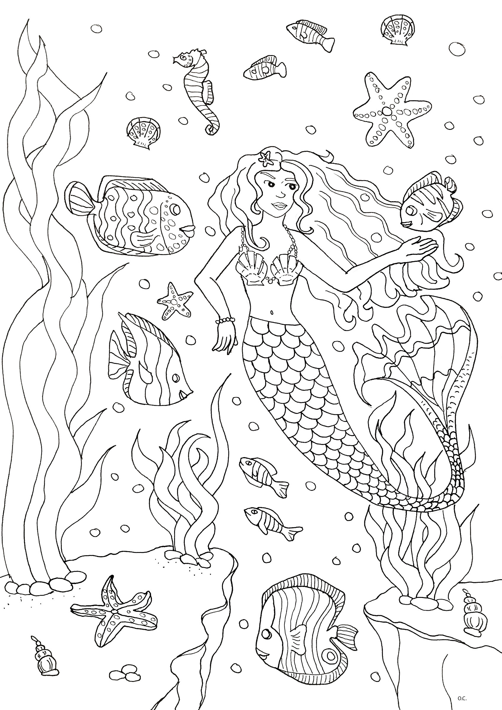 Sirène & poissons, coloriage complexe à imprimer