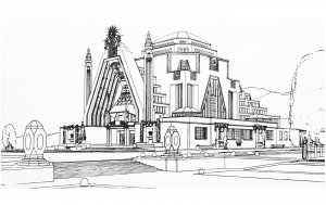 Coloriage pour adulte difficile dessin monument art deco pavillon du tourisme a l exposition de la houille blanche grenoble 1925 gratuit a imprimer