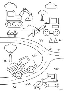 Cinq engins de construction (Coloriage de Construction et travaux de chantiers)