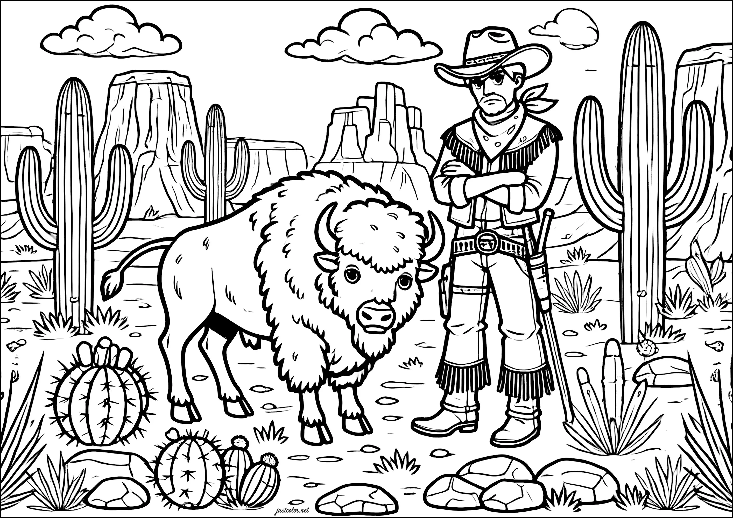 Far West : Cowboy et bison dans le désert américain (Coloriage de Cow-boys à imprimer pour enfants)