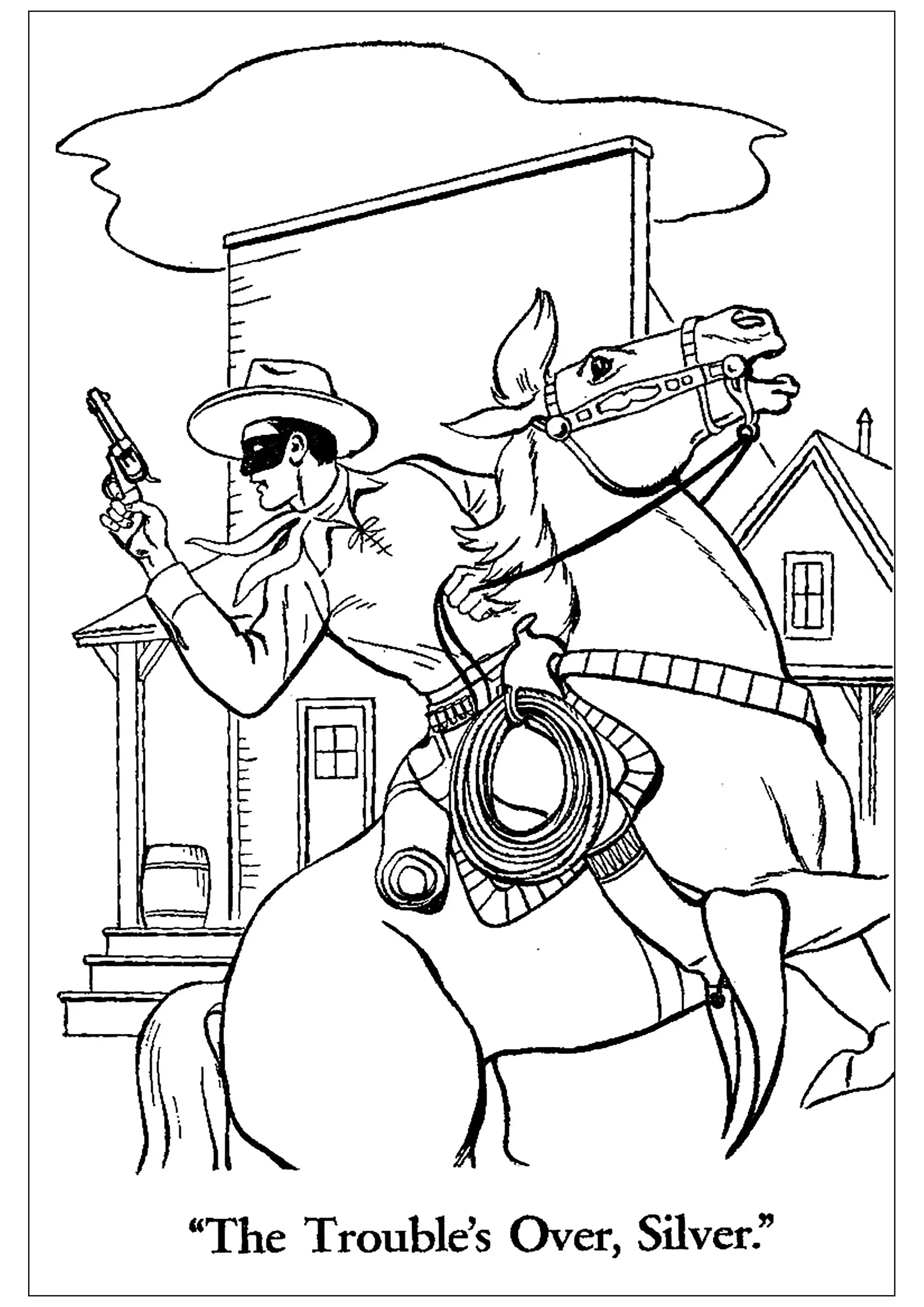 Dessin vintage d'un cowboy sur son cheval (Coloriage de Cow-boys à imprimer pour enfants)