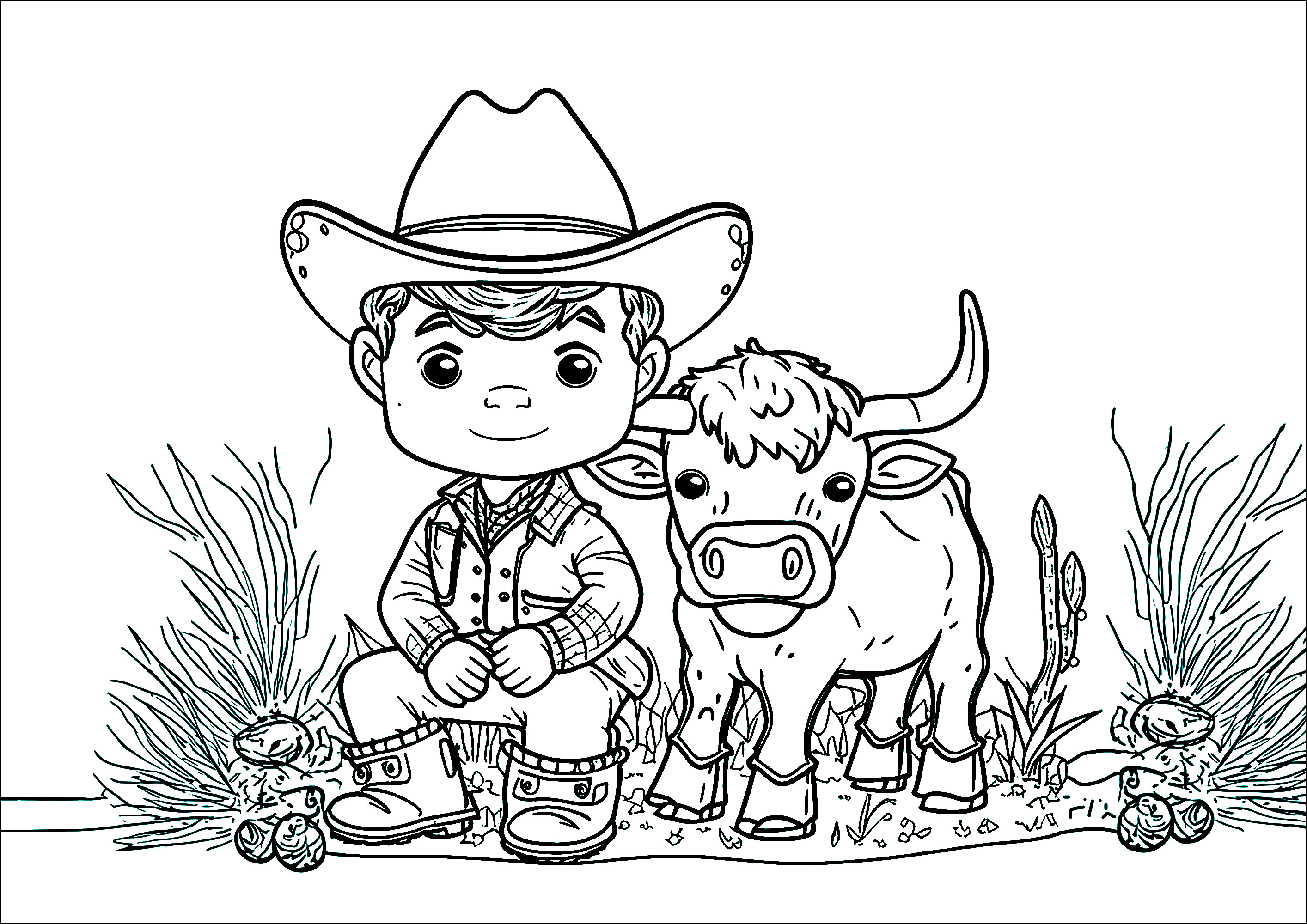 Coloriage de Cow-boys : Petit Cowboy et sa jolie vache