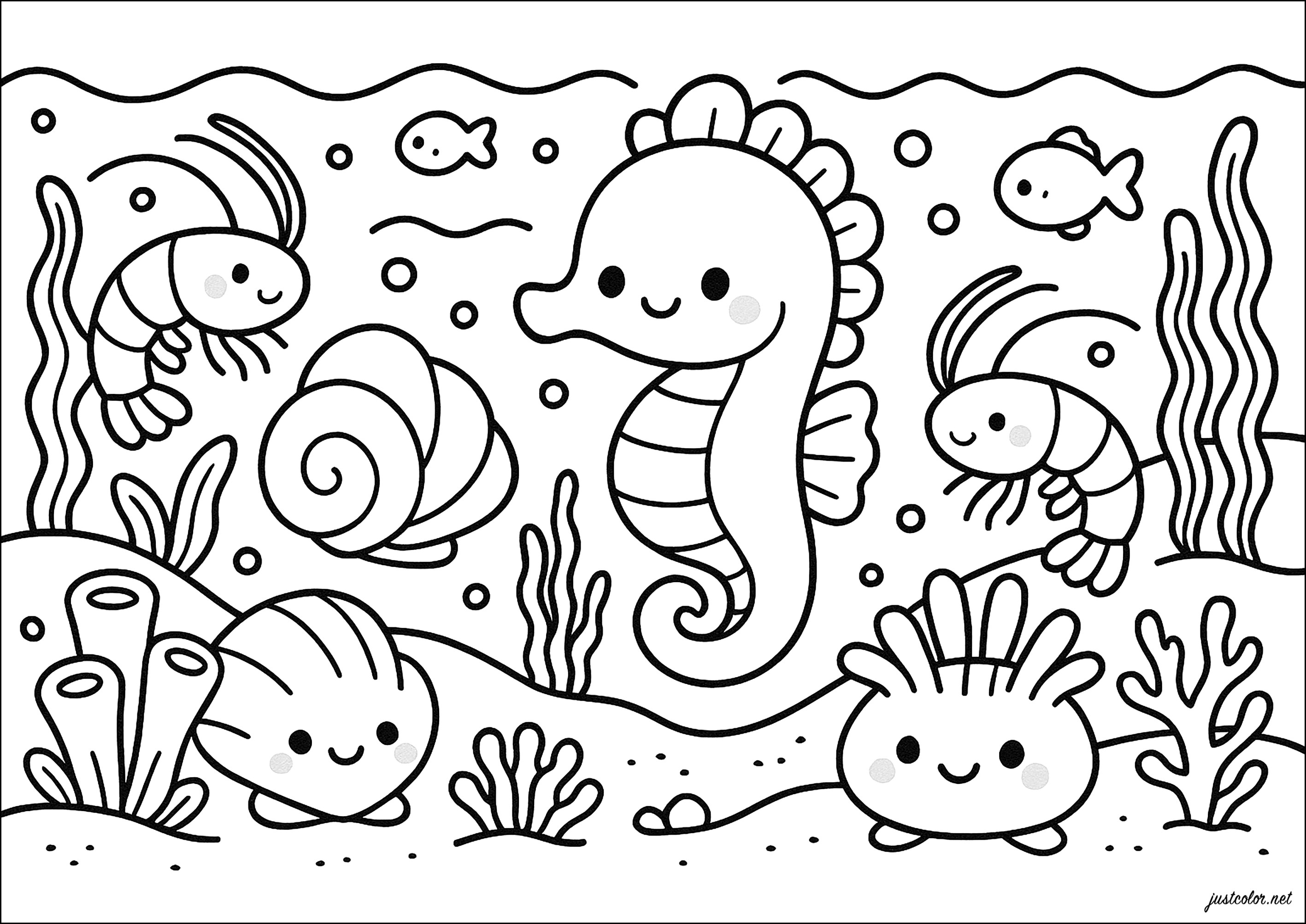Hippocampe style Kawaii et ses amis - Coloriages de Créatures de la mer à  imprimer, image size:2834x2006