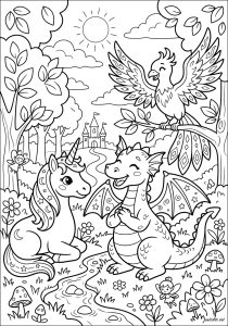 Dragon, licorne et phénix dans la clairière enchantée