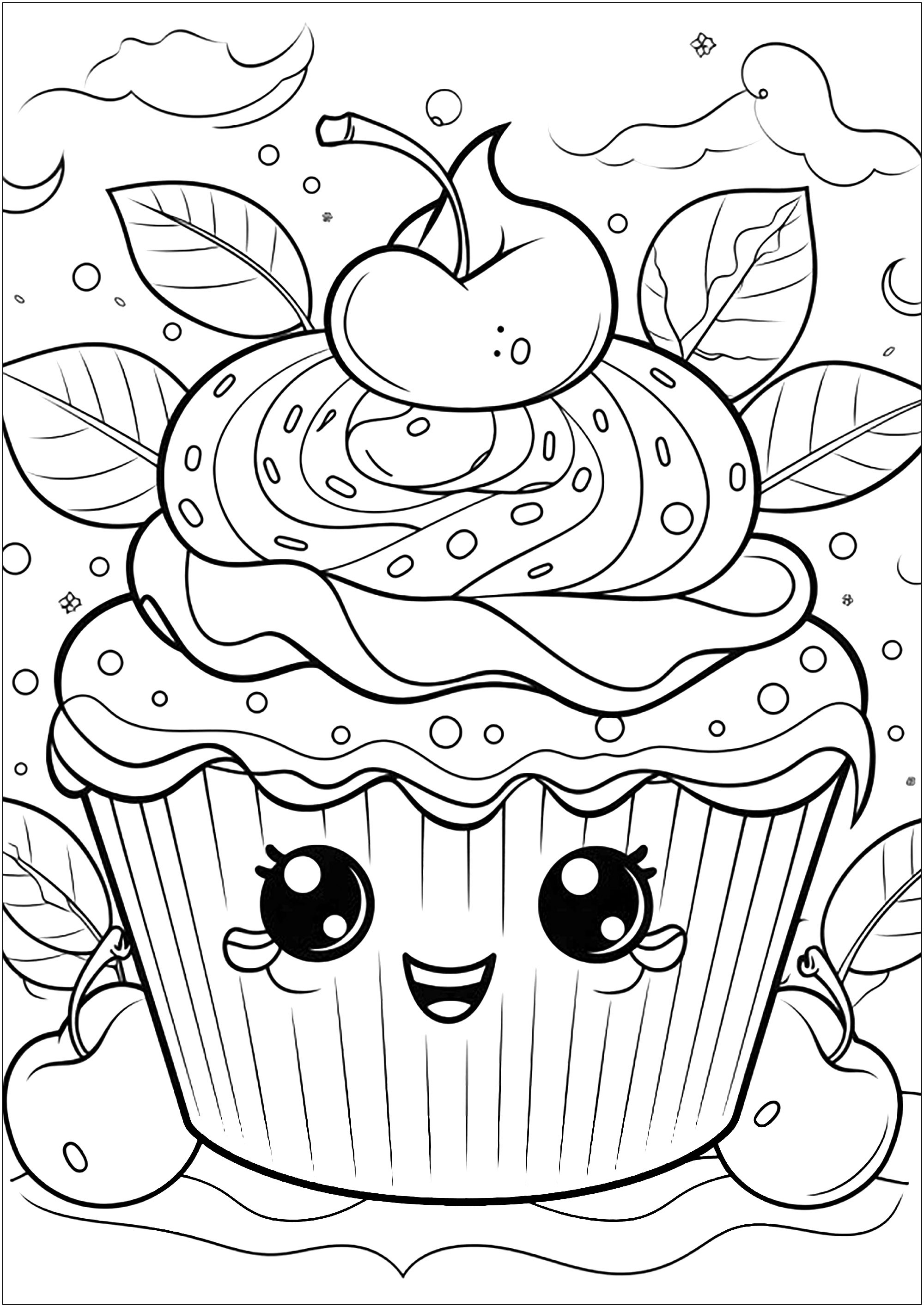 Cupcake à la crème et aux cerises. Beaucoup de détails dans ce coloriage de cupcake