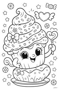 Gentil Cupcake entouré d'étoiles et de coeurs (Coloriage de Cupcakes et gateaux)